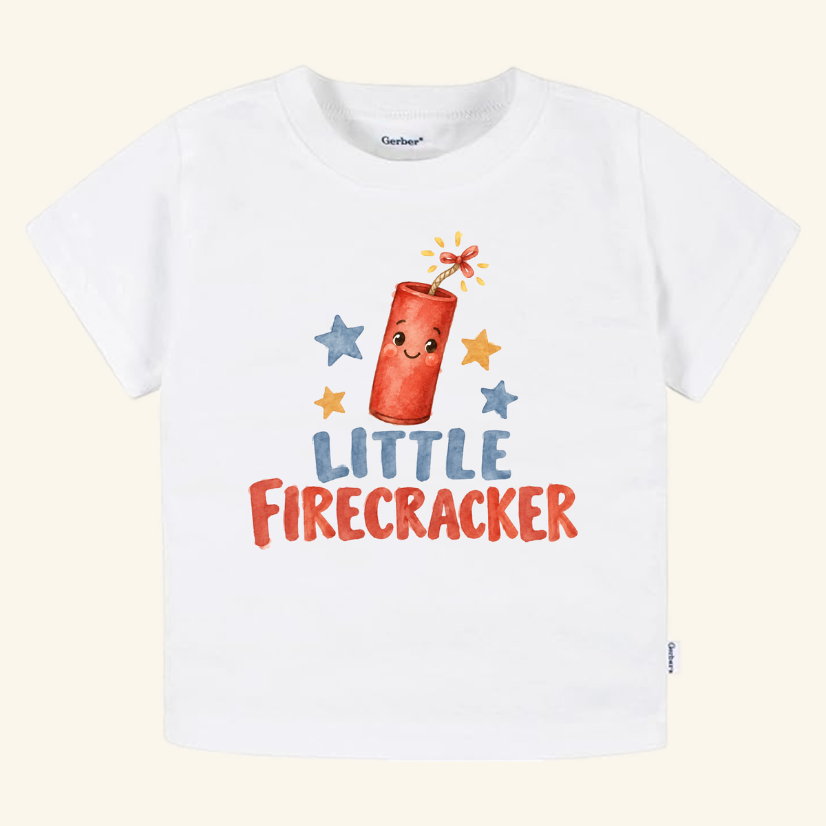 Little Firecracker Toddler Shirt featuring a white t-shirt with a watercolor illustration of a smiling firecracker surrounded by stars and the text LITTLE FIRECRACKER.