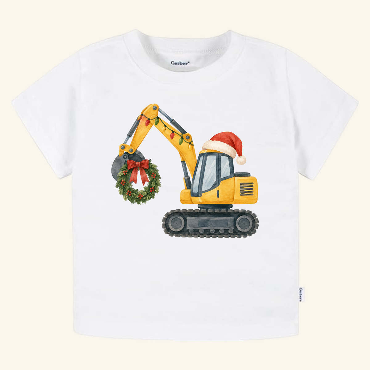 Toodleroos Christmas Excavator Toddler Shirt featuring a white toddler shirt with a yellow excavator wearing a Santa hat and lifting a Christmas wreath.