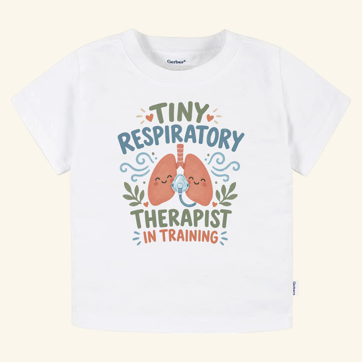White Tiny Respiratory Therapist in Training Toddler Shirt – Cute RT Tee featuring an illustration of lungs wearing a medical oxygen mask.