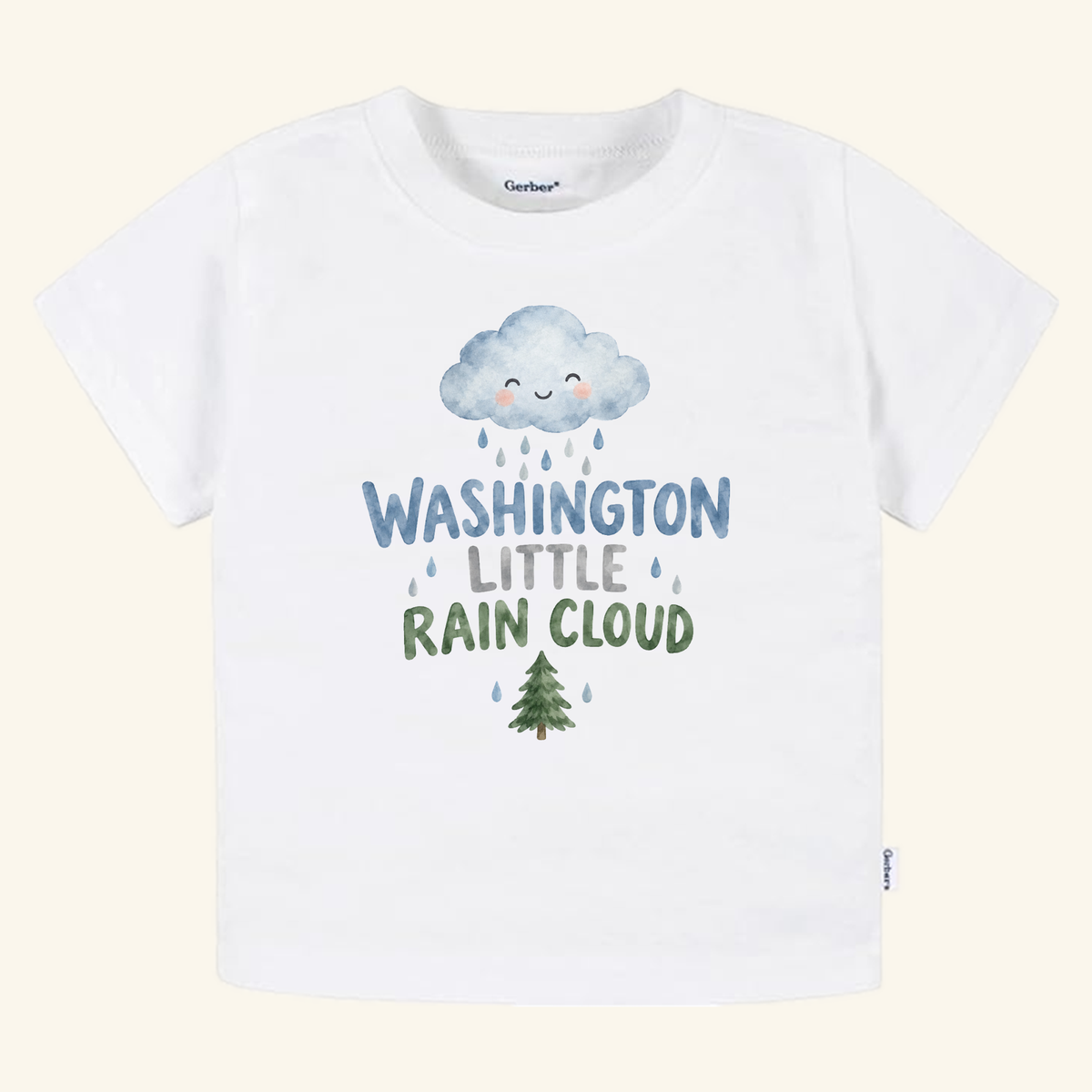 Washington Toddler Shirt – Little Rain Cloud Pacific Northwest Tee featuring a watercolor illustration of a smiling rain cloud and a small evergreen tree on a white toddler t-shirt.