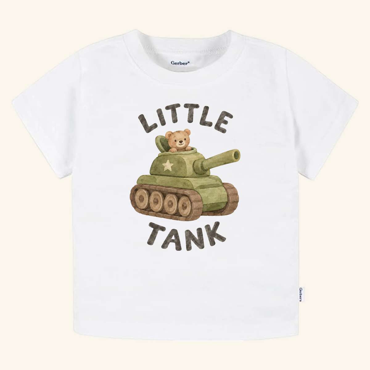 White Little Tank Toddler Shirt featuring an illustration of a teddy bear sitting in a toy army tank with the text LITTLE TANK above and below.