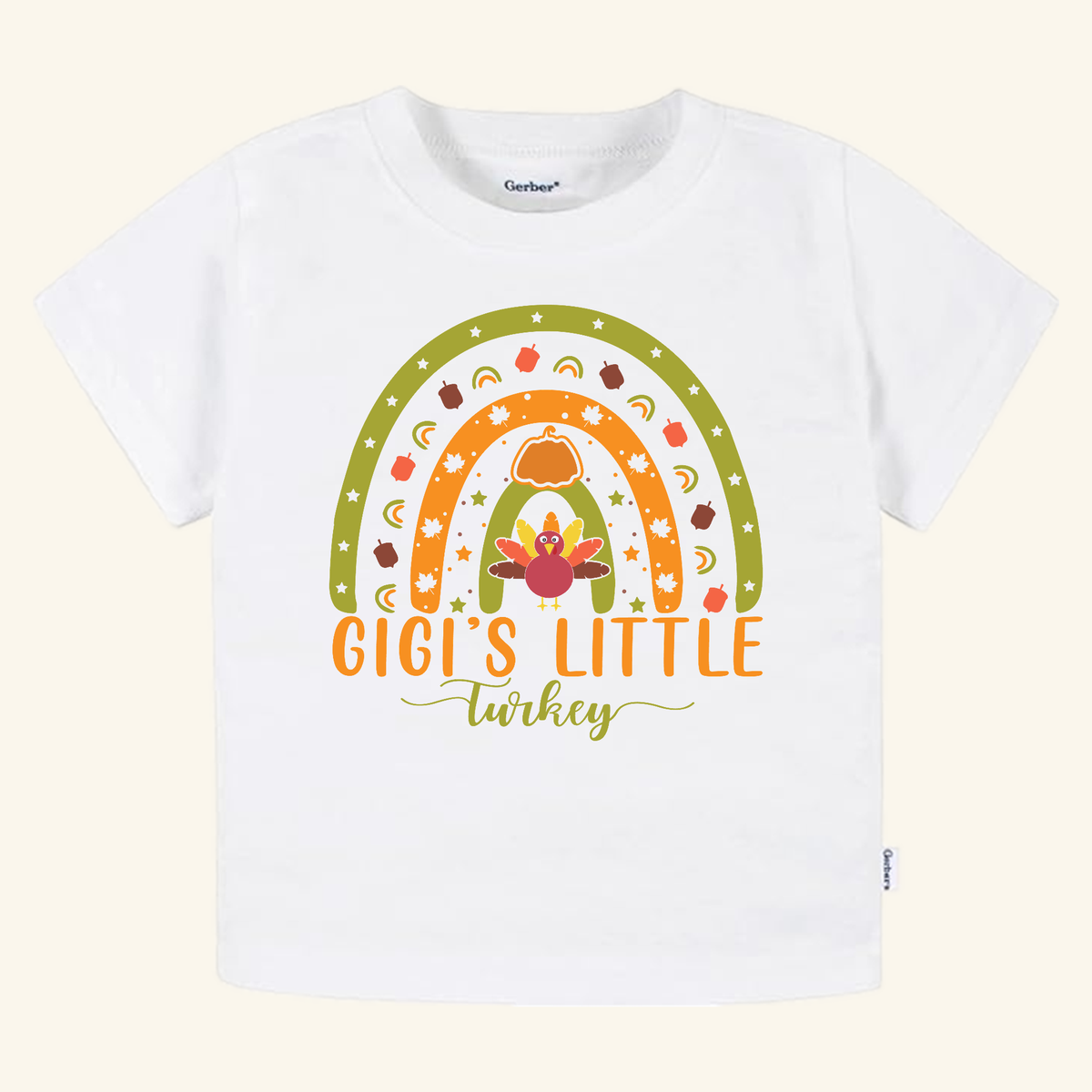 Gigi’s Little Turkey Toddler Shirt – Grandma Thanksgiving Rainbow Tee featuring a fall-themed rainbow graphic with a turkey, pumpkin, and leaves, with the text Gigi’s Little Turkey below.