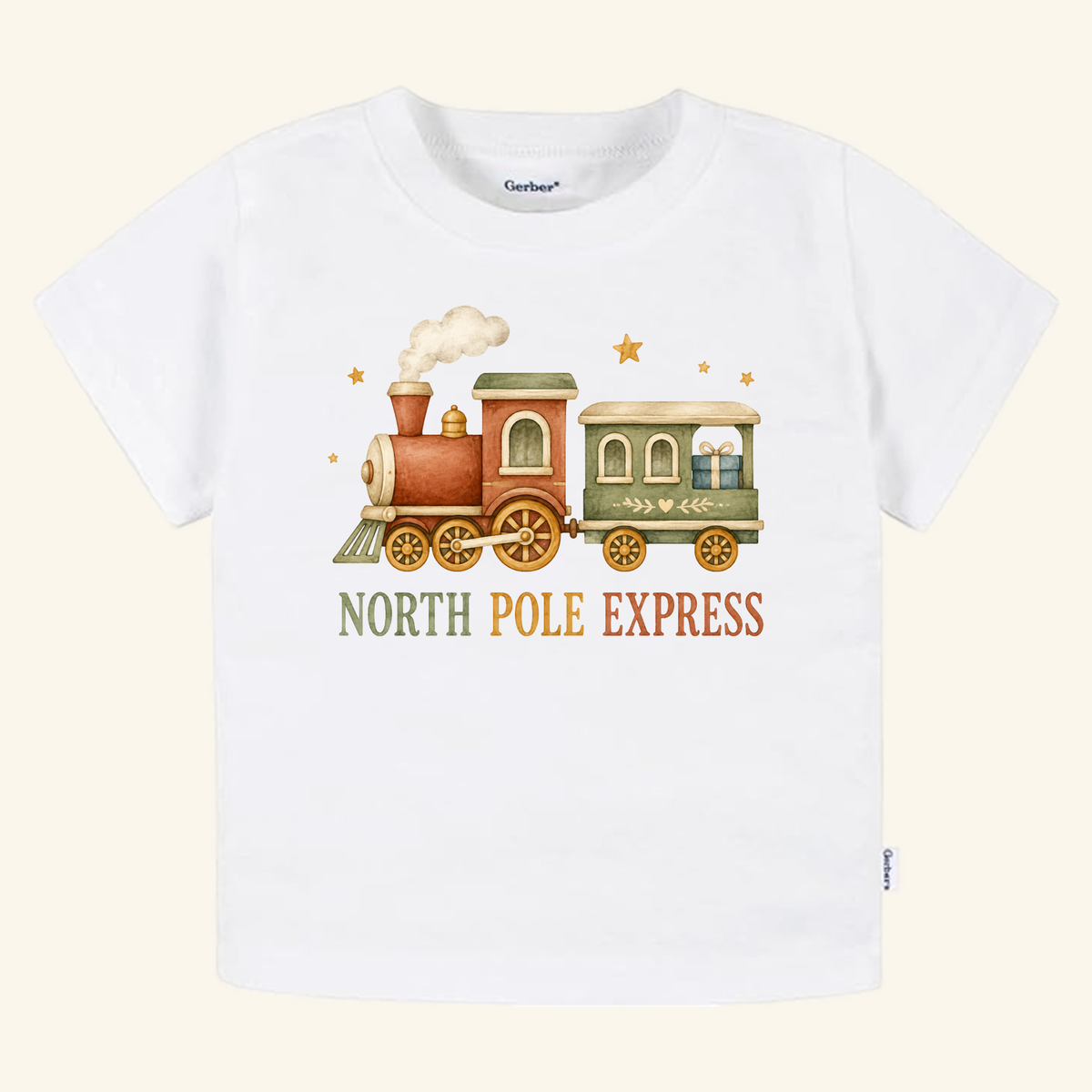 North Pole Express Toddler Shirt – Vintage Christmas Train Tee featuring a white toddler t-shirt with a watercolor illustration of a vintage Christmas train carrying a gift, with the North Pole Express text below.