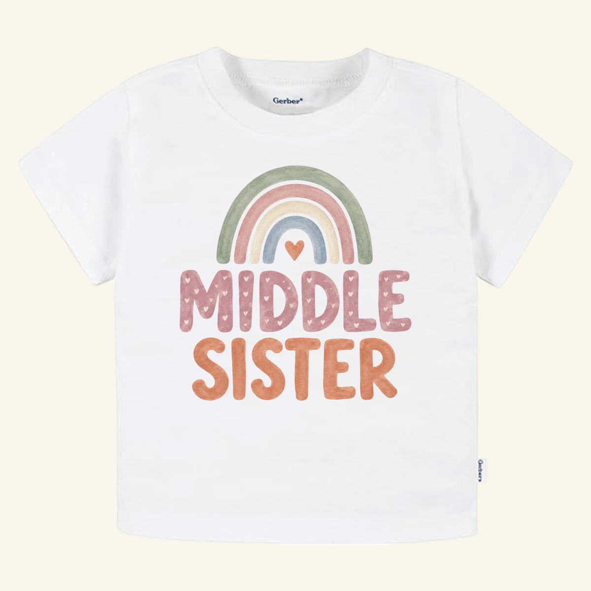 White Middle Sister Toddler Shirt – Boho Rainbow Sibling Tee featuring a boho rainbow design.
