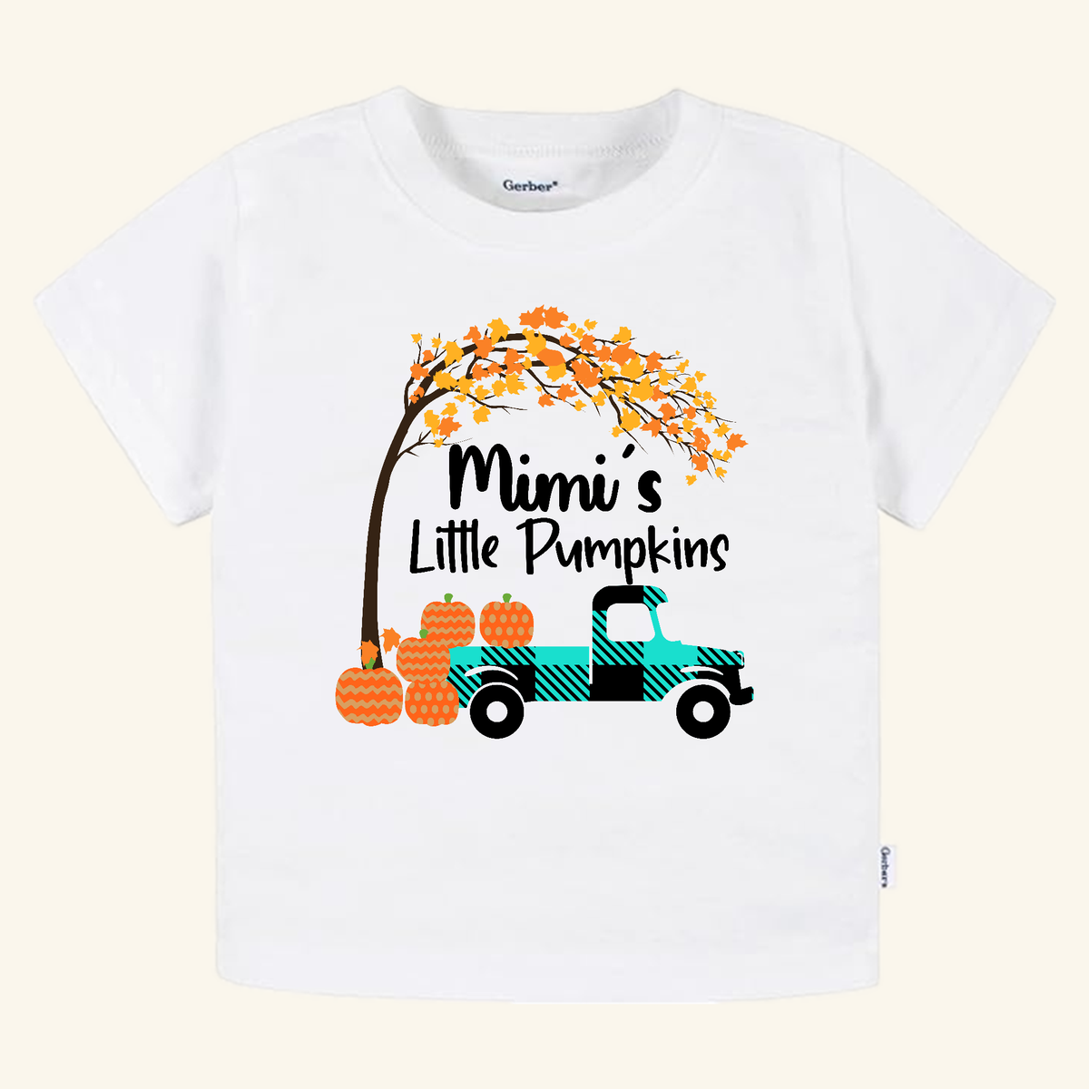 Mimi’s Little Pumpkins Toddler Shirt – Grandma Fall Pumpkin Truck Tee featuring a teal plaid truck with pumpkins and an autumn tree on a white toddler t-shirt.