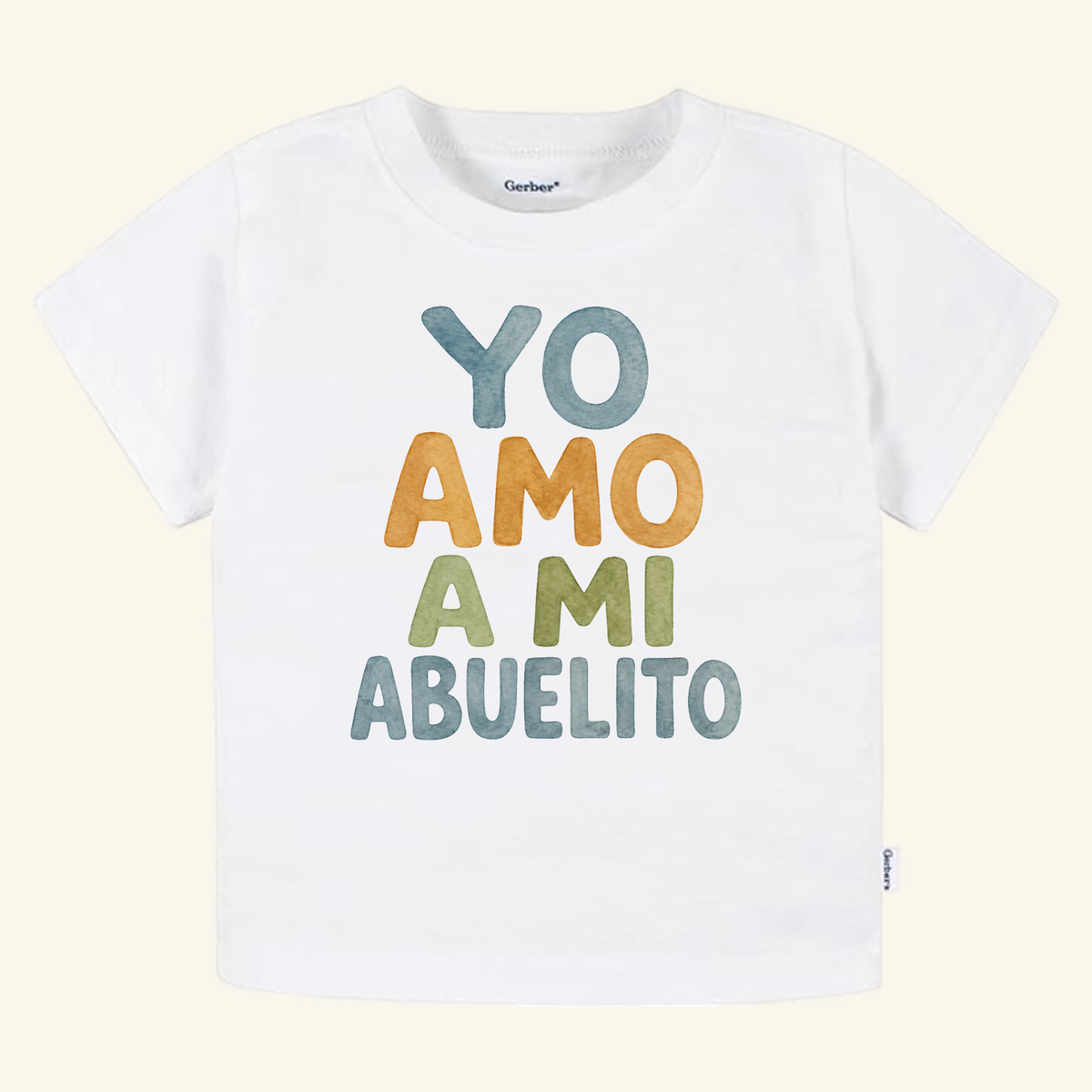 Yo Amo A Mi Abuelito Toddler Shirt – Spanish Grandpa Tee featuring white fabric with the text YO AMO A MI ABUELITO in stacked, colorful block letters.