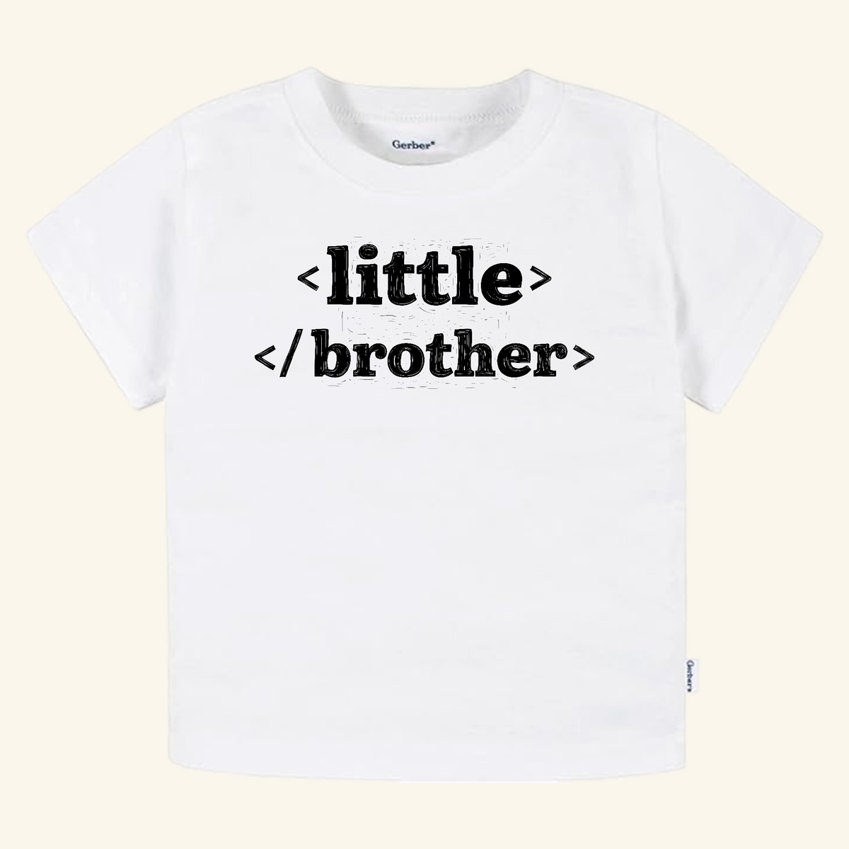 White Little Brother Toddler Shirt – HTML Code Sibling Announcement Tee featuring HTML code on the chest that reads <little> /brother>.
