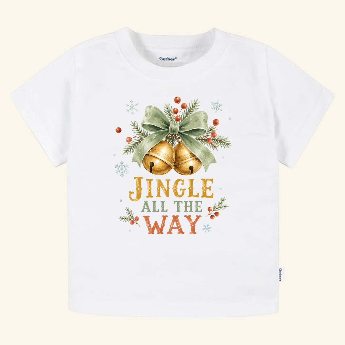 Jingle All the Way Toddler Shirt – Vintage Christmas Jingle Bells Tee featuring a white toddler t-shirt with two gold jingle bells, a green ribbon, pine needles, red berries, snowflakes, and Jingle All The Way text.