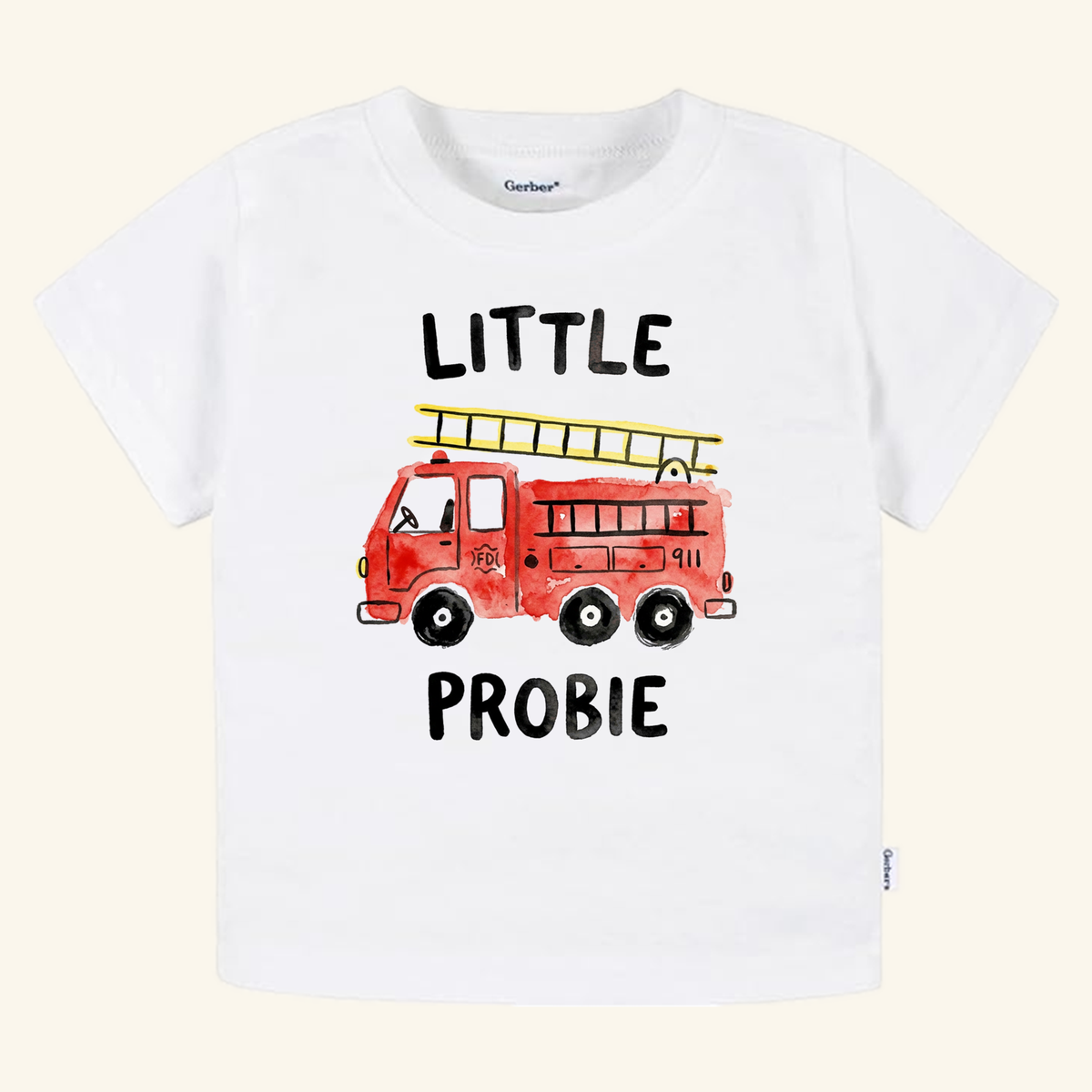 Little Probie Toddler Shirt – Firefighter Fire Truck Tee featuring a white toddler shirt with a watercolor-style red fire truck illustration and the text LITTLE PROBIE above and below it.