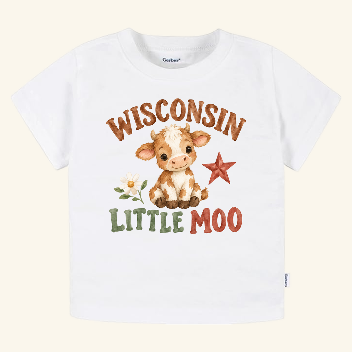 Wisconsin Toddler Shirt – Little Moo Baby Cow Tee featuring a white short-sleeved shirt with a brown and white calf, a daisy, a red star, and colorful text reading WISCONSIN and LITTLE MOO.