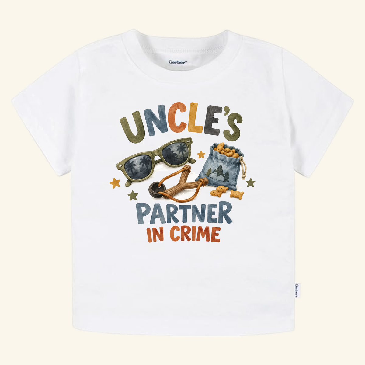 Funny Uncle Toddler Shirt – Uncle’s Partner in Crime Tee featuring a white toddler t-shirt with a graphic of sunglasses, a small pouch of animal crackers, and a slingshot.
