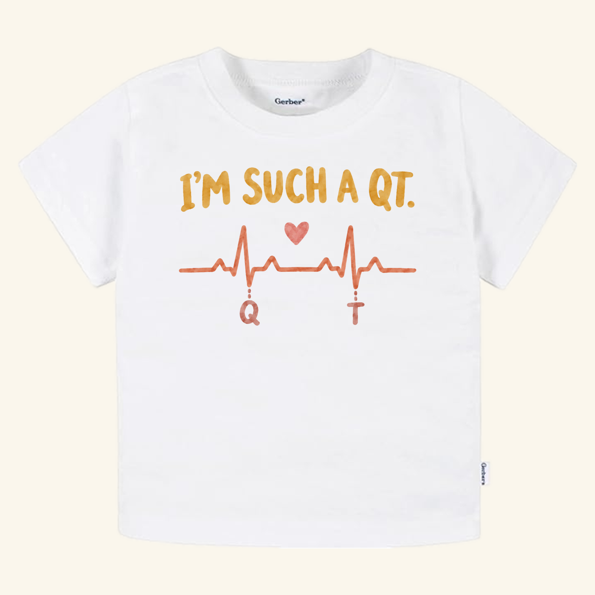 White I’m Such a QT Toddler Shirt featuring the text IM SUCH A QT. above an EKG heartbeat line graphic that includes a small heart, the letter Q, and the letter T.