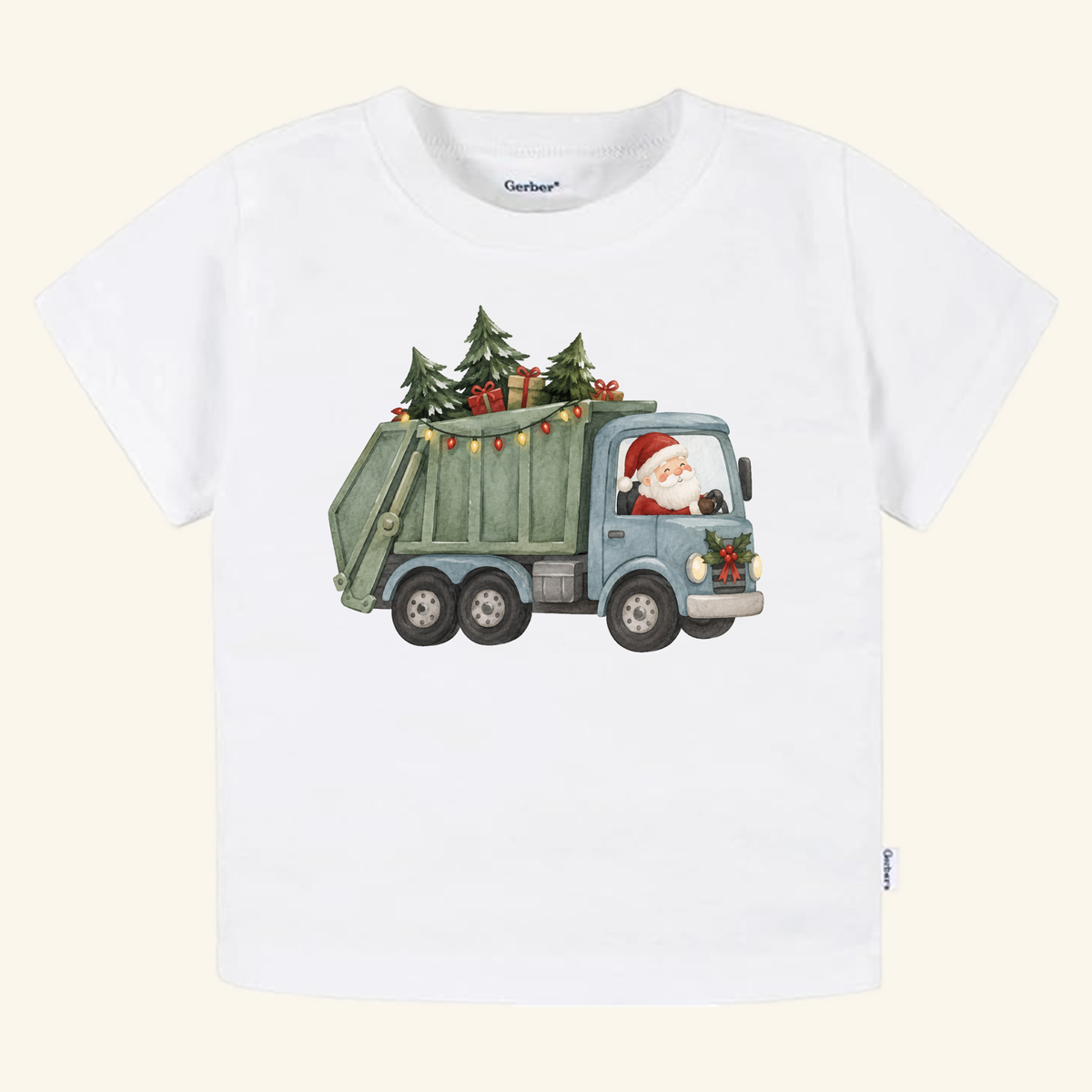 A white Toodleroos Santa Garbage Truck Toddler Shirt featuring an illustration of Santa driving a garbage truck loaded with Christmas trees and wrapped gifts.