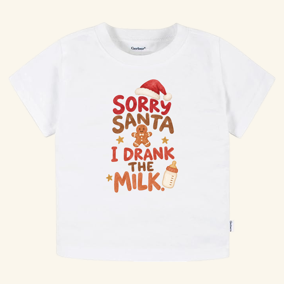 White Toodleroos Sorry Santa I Drank the Milk Toddler Shirt – Funny Christmas Tee featuring a Santa hat, a gingerbread man, and a baby bottle.