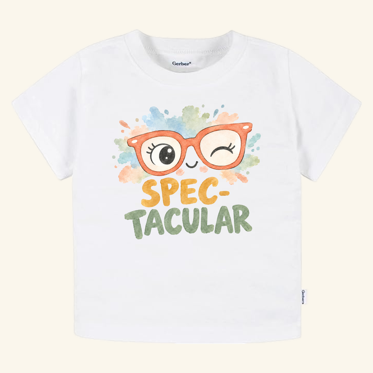 Spec-tacular Toddler Shirt – Cute Winking Glasses Tee, a white short-sleeve toddler t-shirt featuring a watercolor graphic of orange winking glasses with the text SPEC-TACULAR underneath.