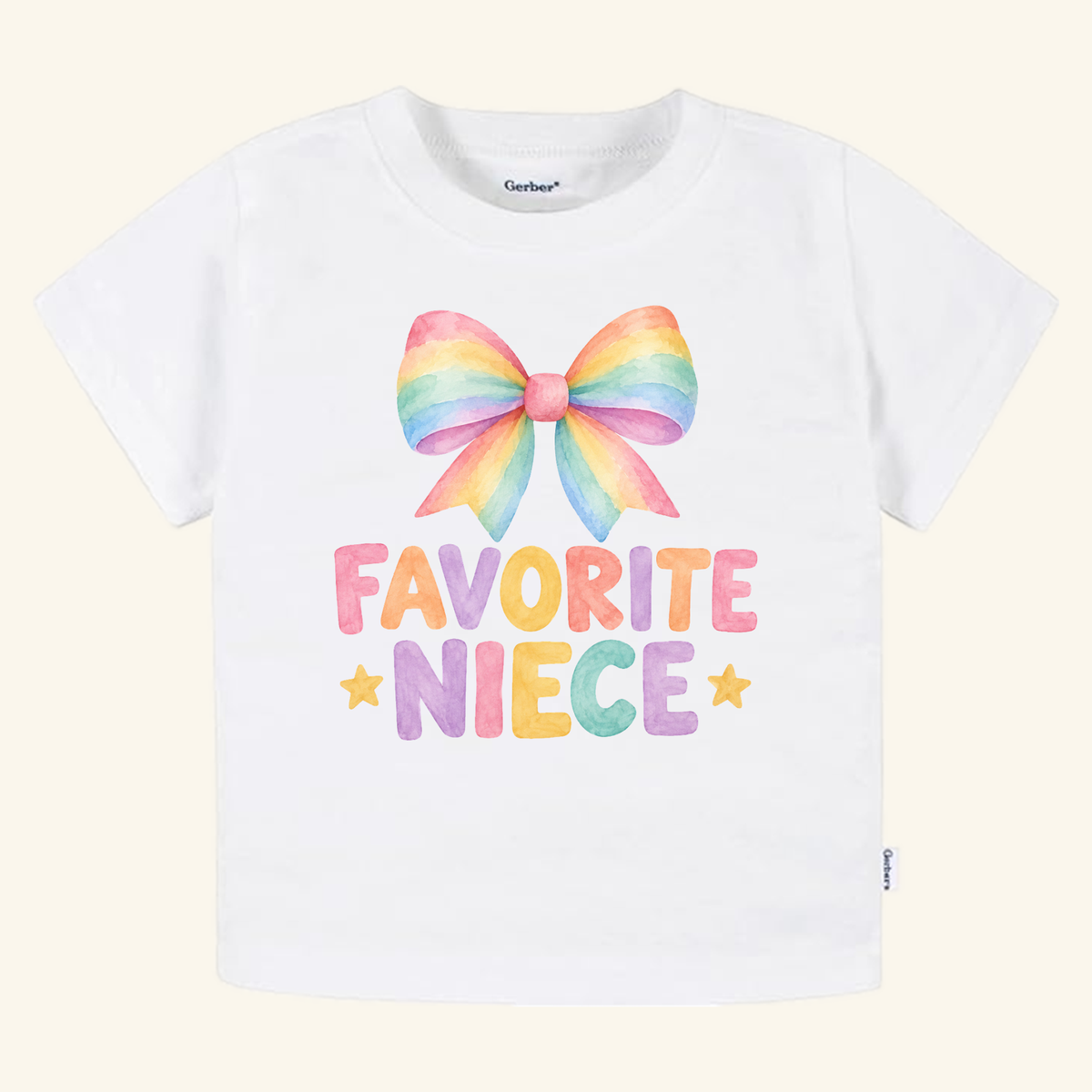 White Favorite Niece Toddler Shirt – Cute Rainbow Bow Tee featuring a watercolor rainbow bow above the text FAVORITE NIECE with two stars.