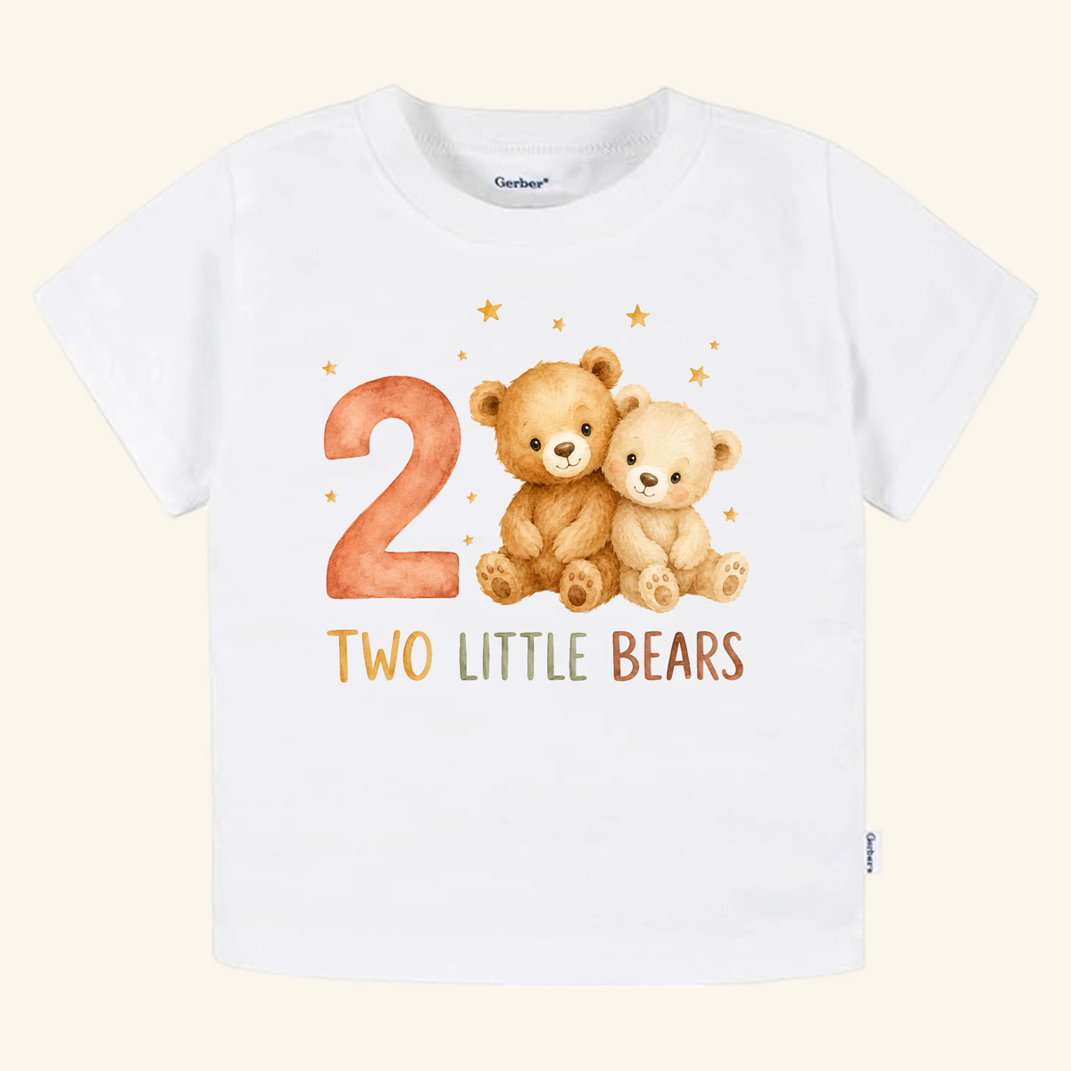White Two Little Bears 2nd Birthday Toddler Shirt featuring a watercolor illustration of two teddy bears, the number 2, and the text TWO LITTLE BEARS surrounded by small stars.