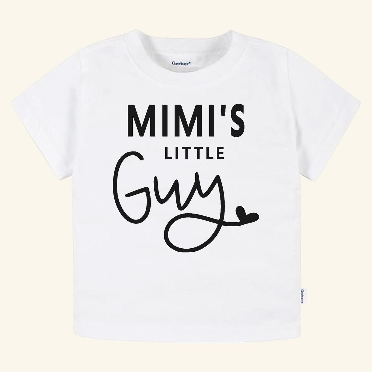 White short-sleeved Mimi Toddler Shirt – Mimi’s Little Guy Tee featuring Mimi’s Little Guy printed in black on the front.