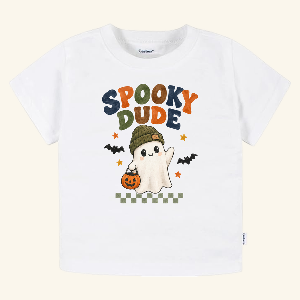 White Spooky Dude Ghost Toddler Halloween Shirt – Short-Sleeve Tee featuring a ghost wearing a beanie and carrying a jack-o-lantern, with the text SPOOKY DUDE above.