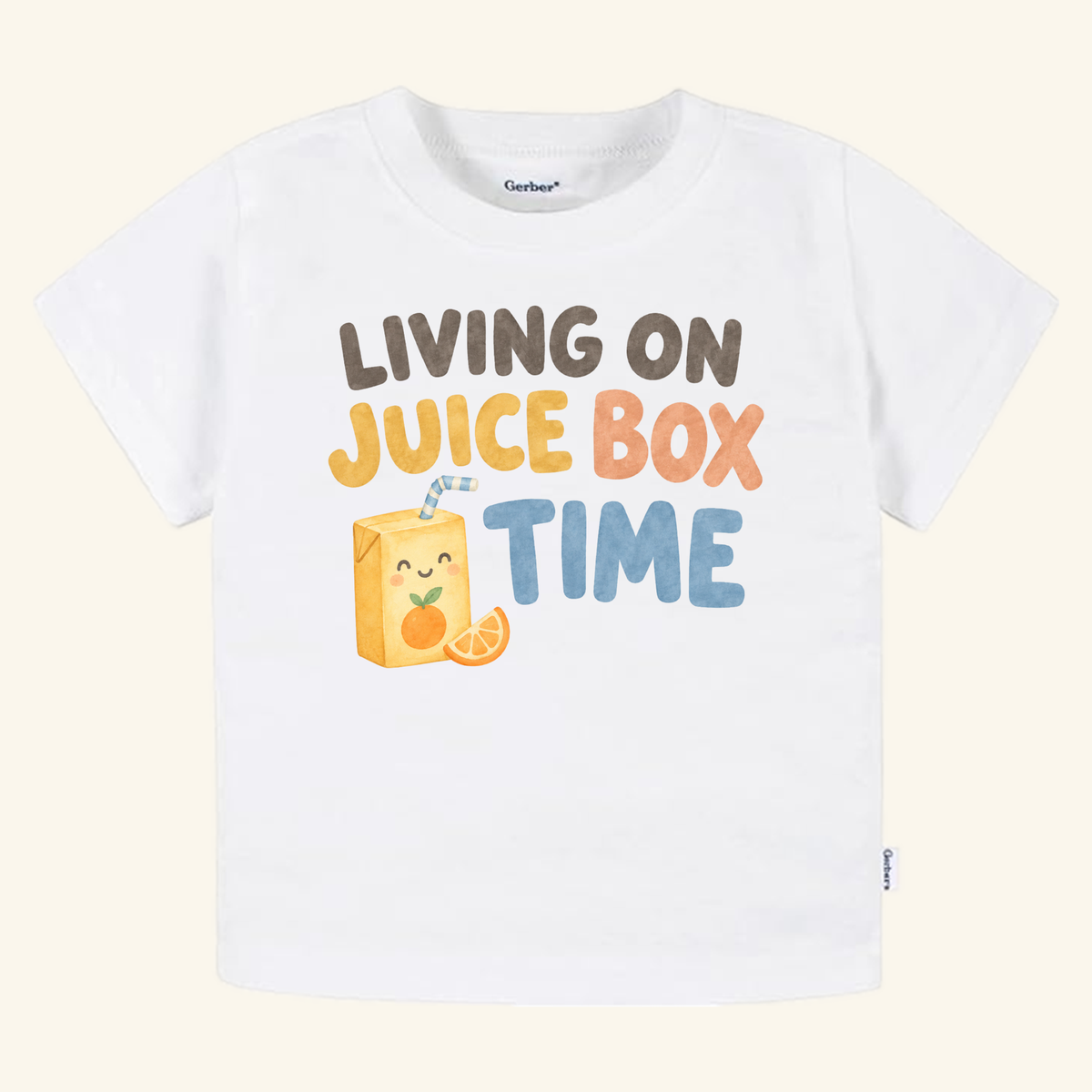 Living on Juice Box Time Toddler Shirt featuring a white t-shirt with a cartoon juice box with a face and an orange slice above the text LIVING ON JUICE BOX TIME.