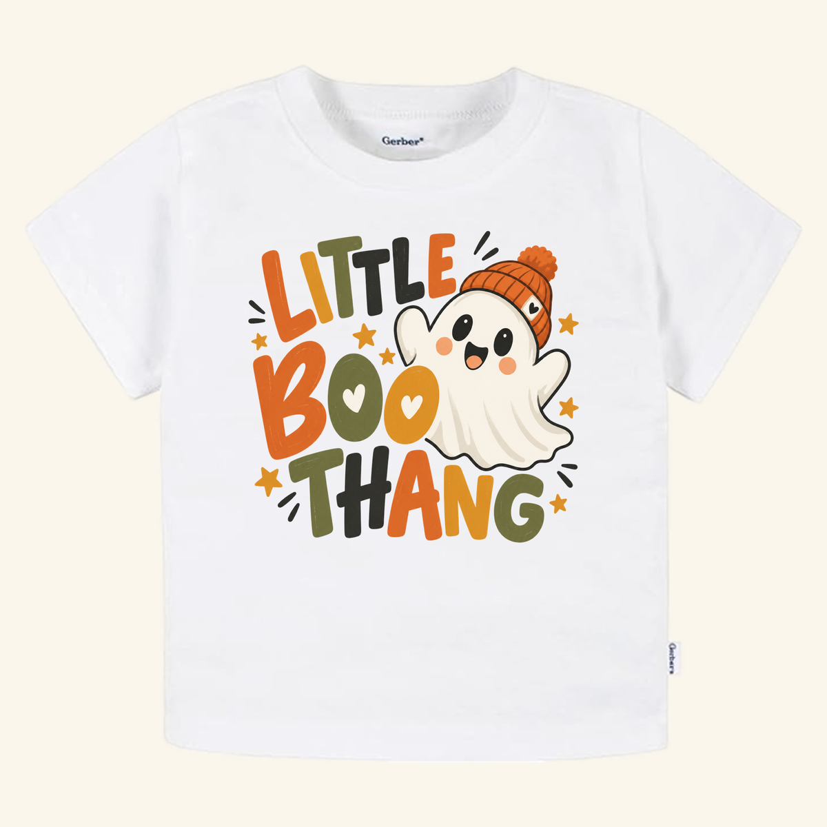 Little Boo Thang Ghost Toddler Halloween Shirt featuring a cartoon ghost in an orange beanie and autumn-themed text on a white toddler t-shirt.