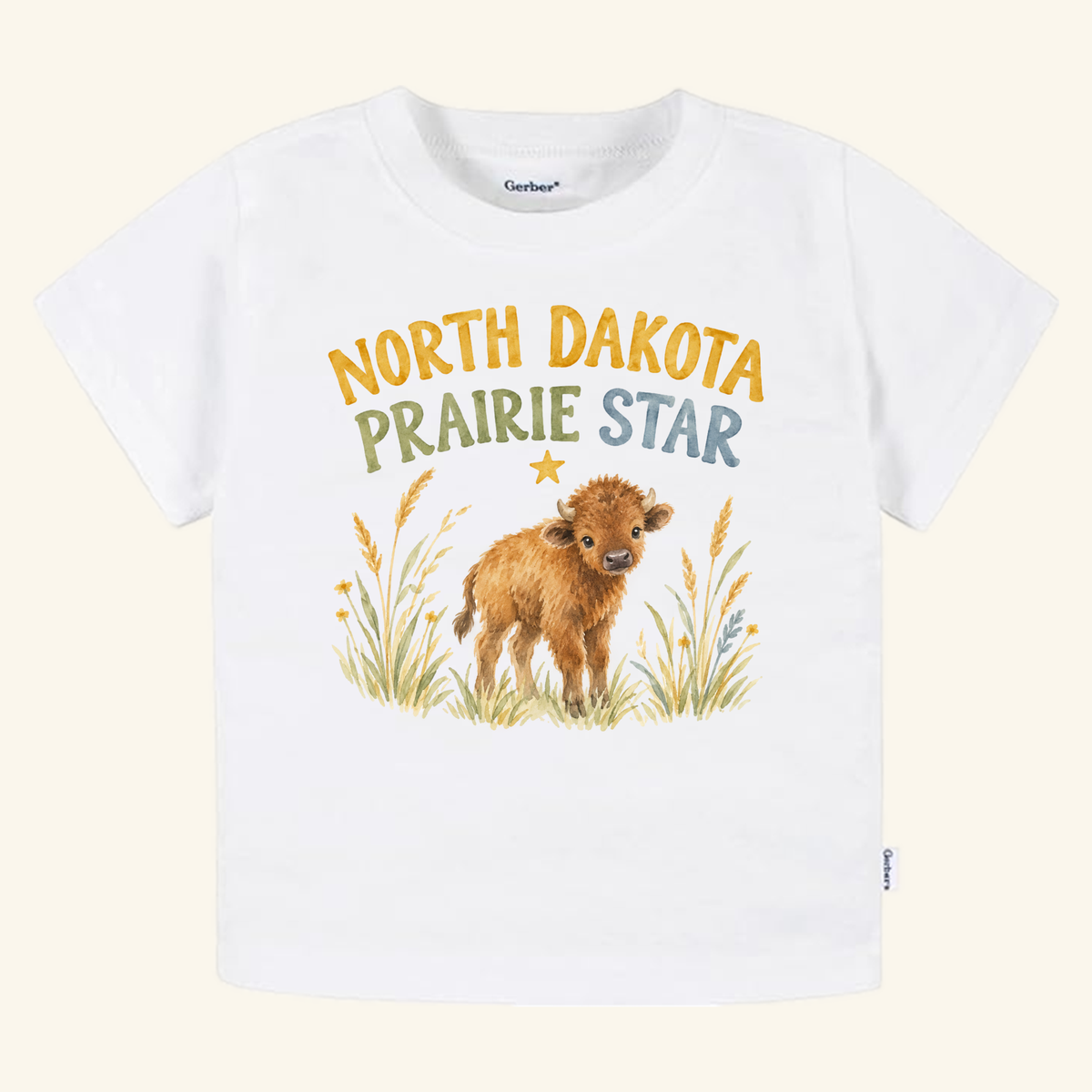 North Dakota Toddler Shirt – Prairie Star Baby Bison Tee: a white toddler t-shirt featuring a watercolor illustration of a baby bison in a field of wheat with the text NORTH DAKOTA PRAIRIE STAR.