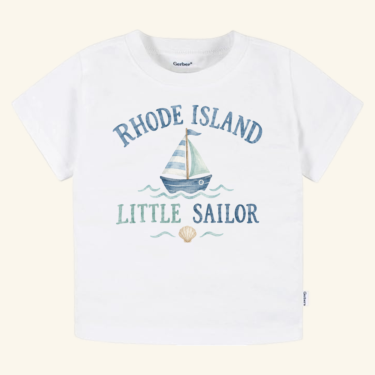 A white Toodleroos Rhode Island Toddler Shirt – Little Sailor Sailboat Tee featuring a watercolor sailboat, a seashell, and the text RHODE ISLAND LITTLE SAILOR.