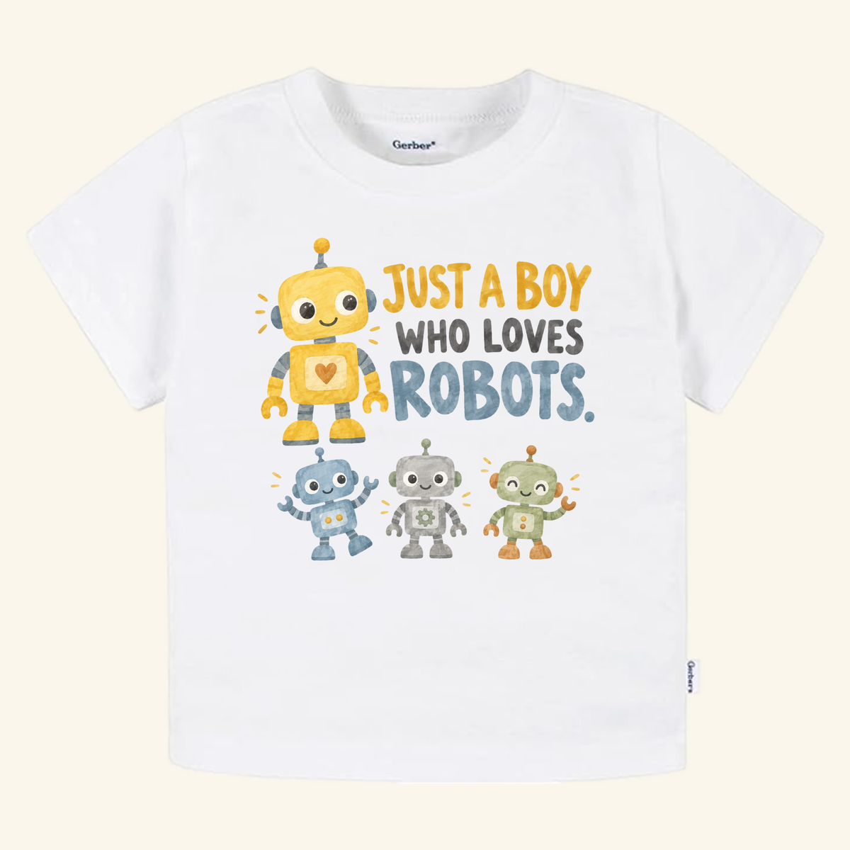 Just a Boy Who Loves Robots Toddler Shirt featuring a white toddler t-shirt with four colorful robot illustrations and the text Just a boy who loves robots.