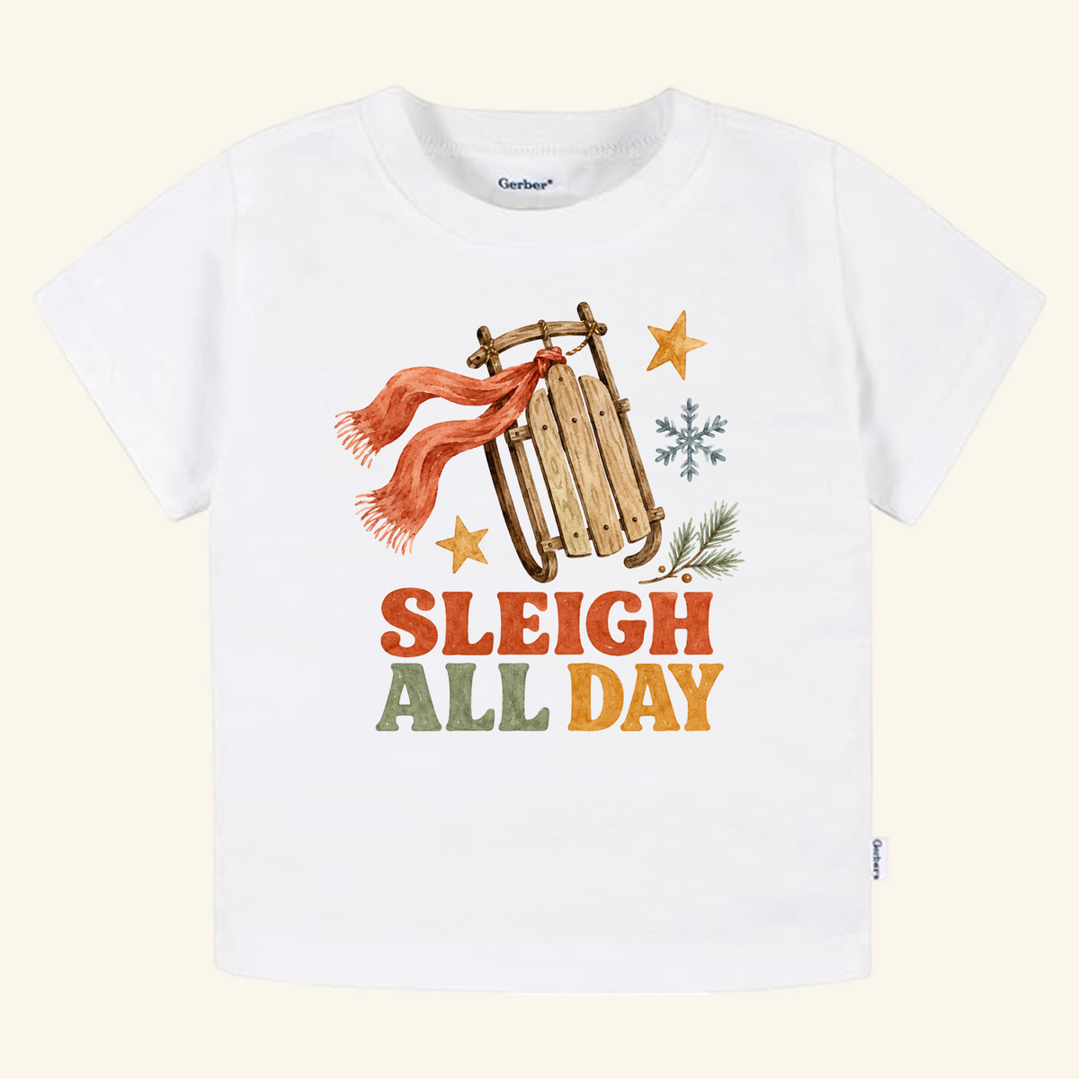Sleigh All Day Toddler Shirt – Retro Christmas Sled Tee featuring a watercolor illustration of a wooden sled with a red scarf, stars, a snowflake, and the text SLEIGH ALL DAY.