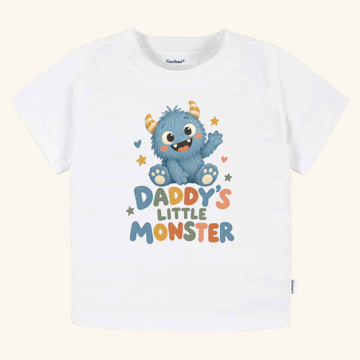 White Daddy’s Little Monster Toddler Shirt – Cute Dad Monster Tee featuring a cartoon blue monster and the text Daddy’s Little Monster.