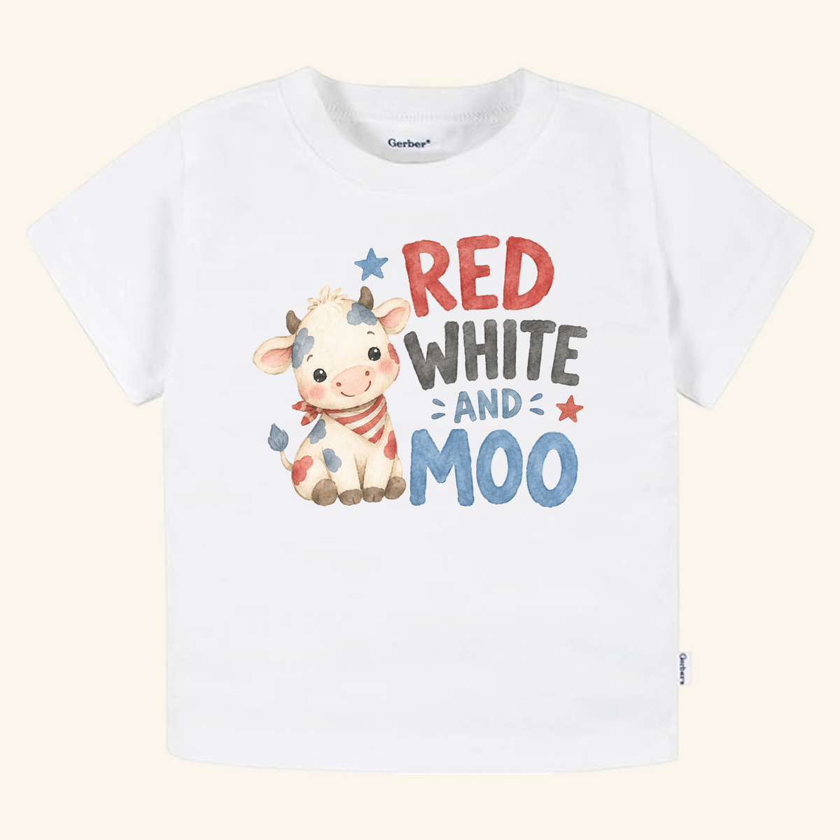 Red White and Moo Toddler Shirt – Patriotic Baby Cow Tee featuring a watercolor illustration of a cow wearing a bandana and the text RED WHITE AND MOO on a white toddler t-shirt.