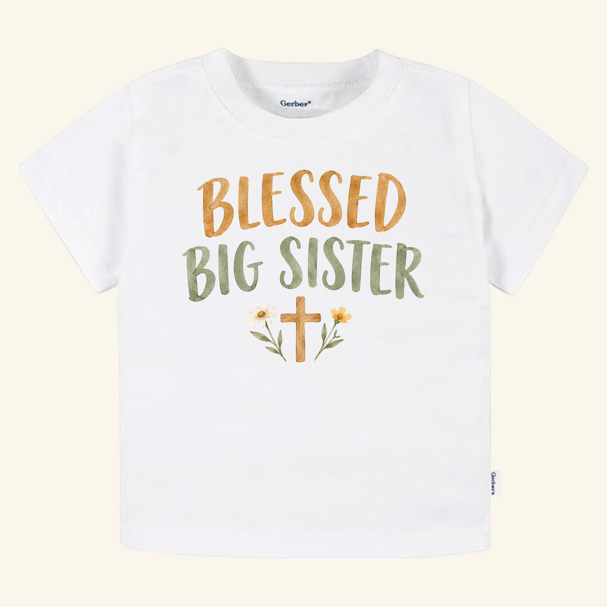 Blessed Big Sister Toddler Shirt – Christian Floral Cross Tee featuring orange and green text above an illustration of a cross with small flowers on a white toddler t-shirt.