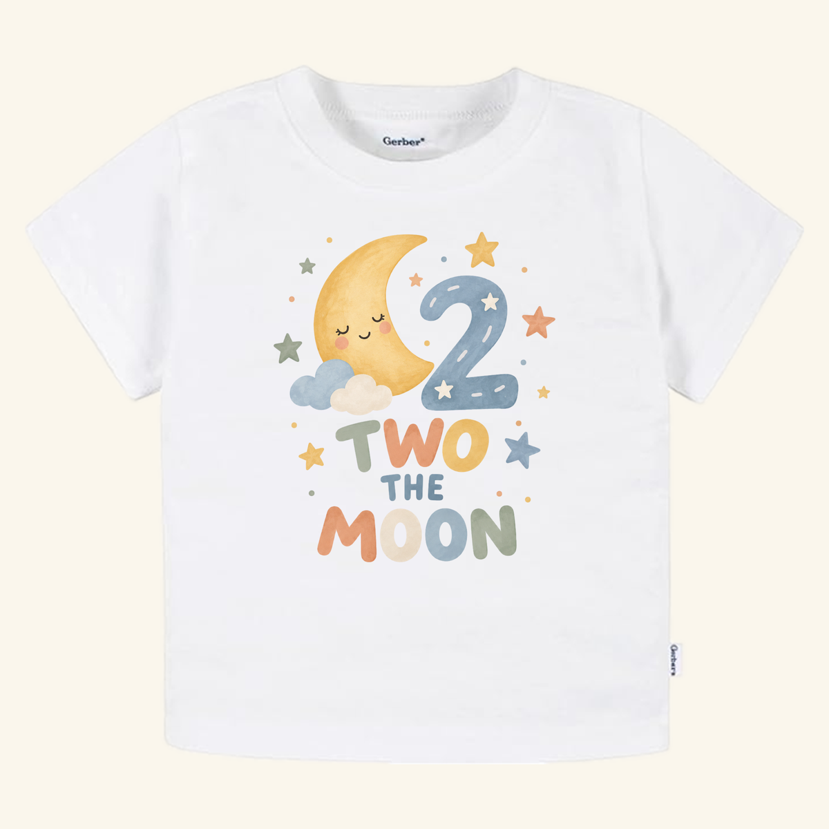 White Two the Moon 2nd Birthday Toddler Shirt featuring a watercolor graphic of a smiling crescent moon, the number 2, and the text TWO THE MOON surrounded by stars and small clouds.