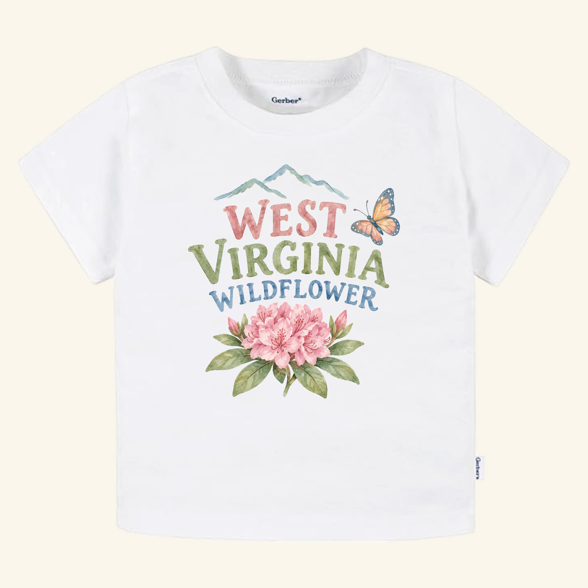 West Virginia Toddler Shirt – Wildflower Rhododendron Tee featuring a white toddler t-shirt with a watercolor graphic of mountains, a butterfly, and a rhododendron flower with the text West Virginia Wildflower.