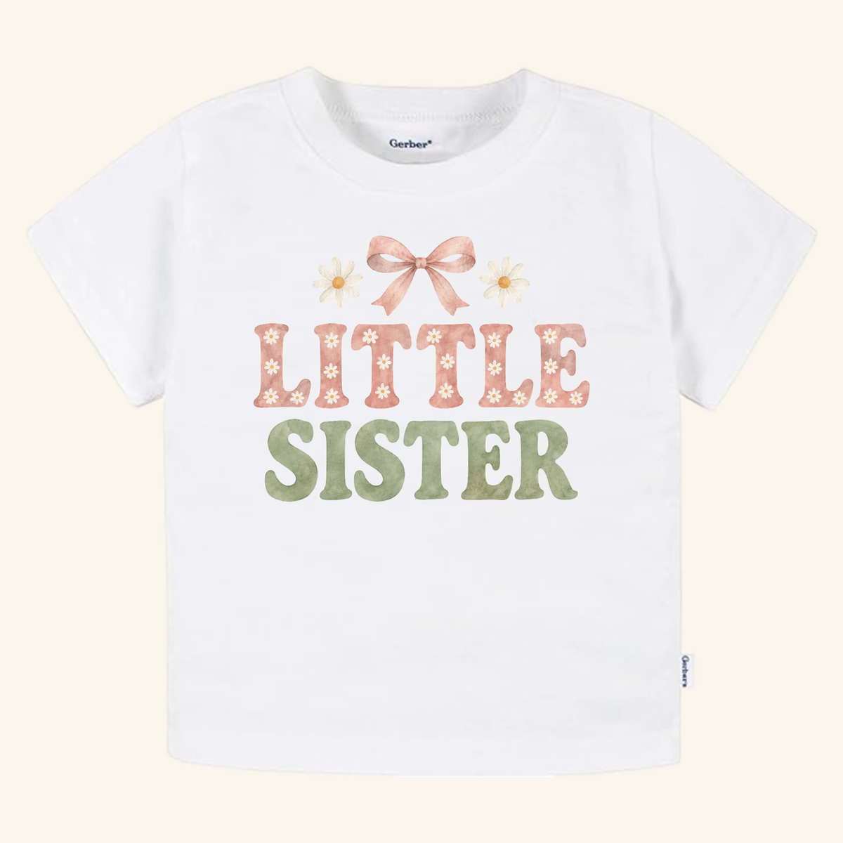Little Sister Toddler Shirt – Daisy Bow Sibling Tee featuring a pink bow and two daisies above LITTLE in a pink floral pattern and SISTER in green on a white toddler shirt.
