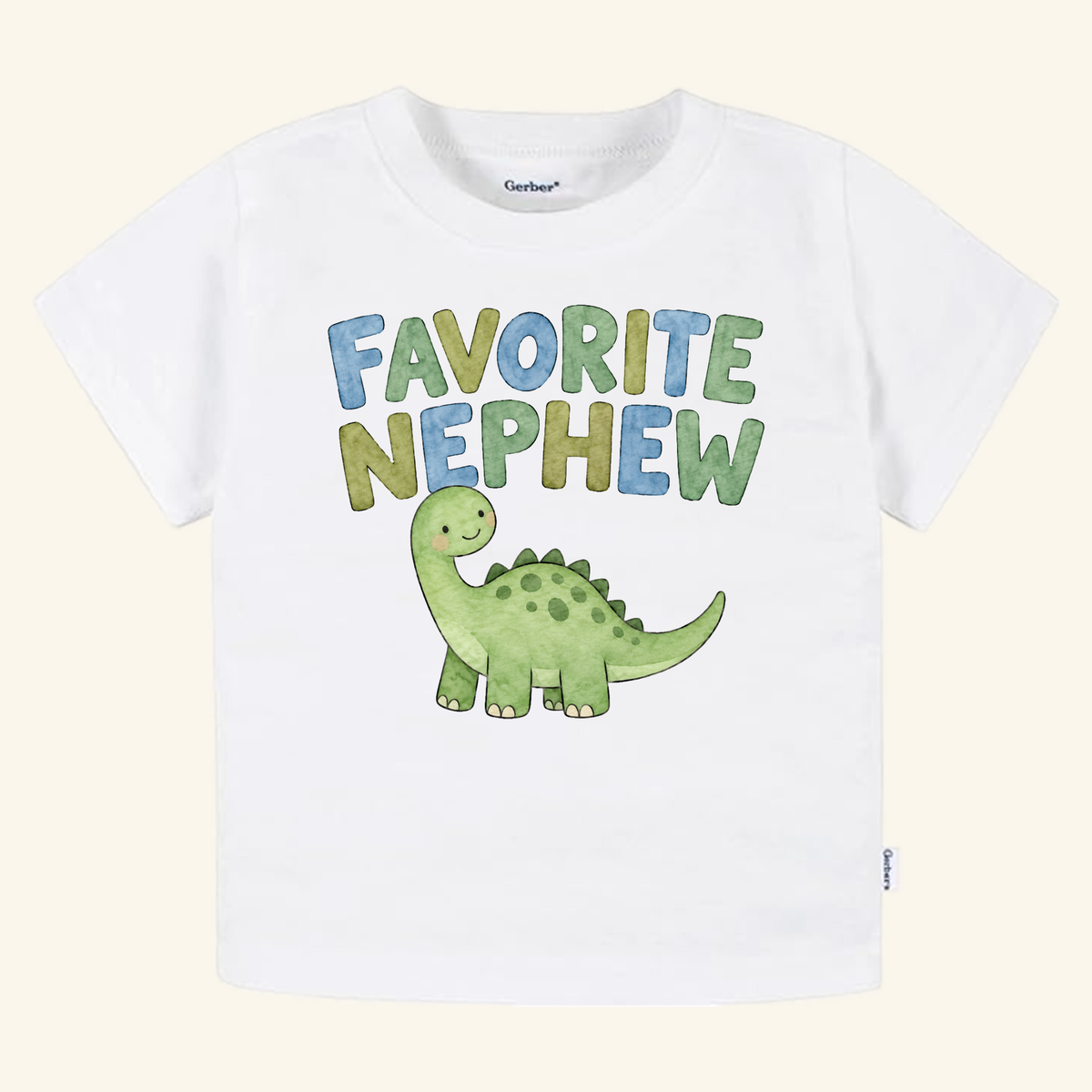 Favorite Nephew Toddler Shirt featuring a white toddler t-shirt with a green dinosaur graphic and the text Favorite Nephew.