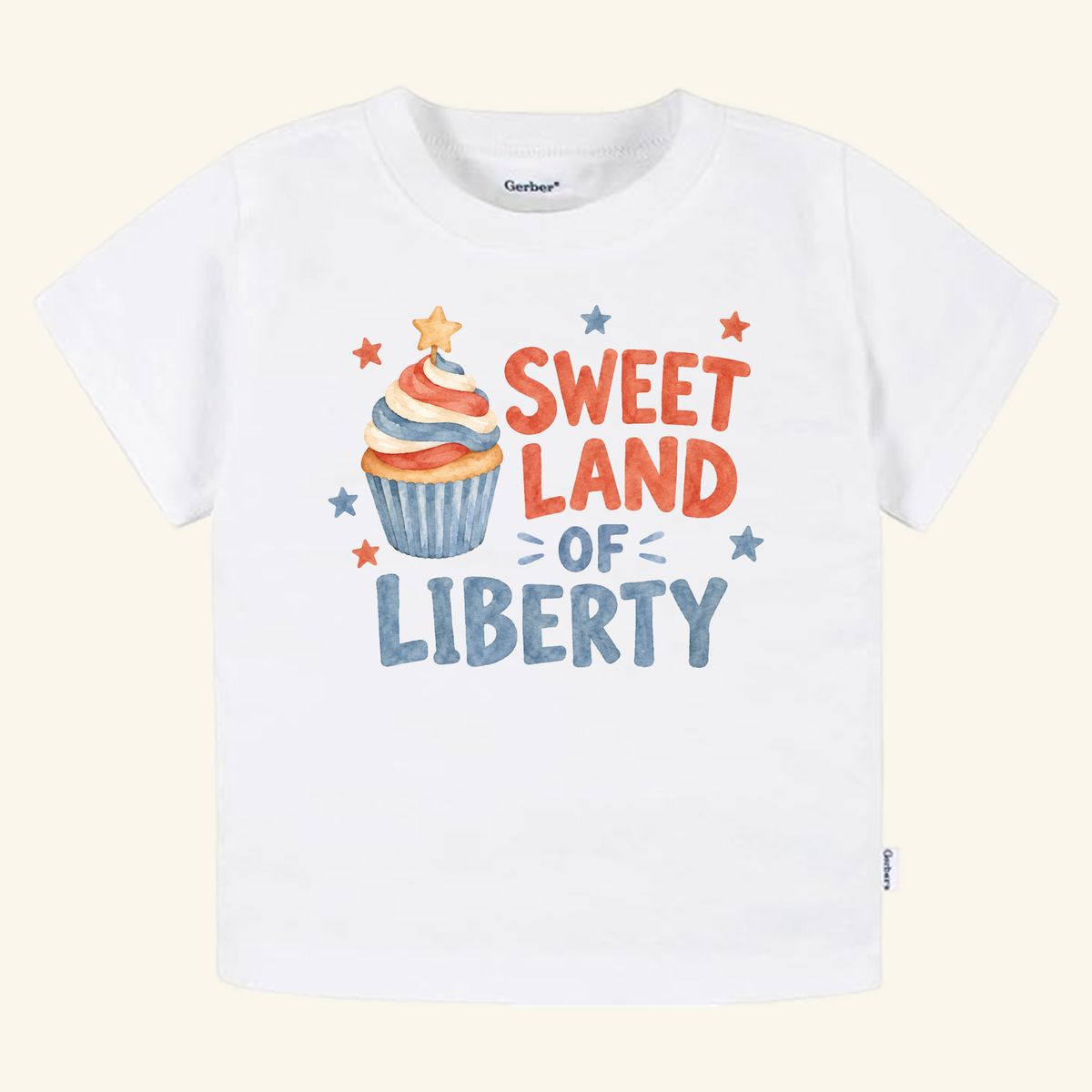 Sweet Land of Liberty Toddler Shirt – Patriotic Cupcake Tee featuring a watercolor graphic of a patriotic cupcake topped with a star, surrounded by red and blue stars and the text SWEET LAND OF LIBERTY.