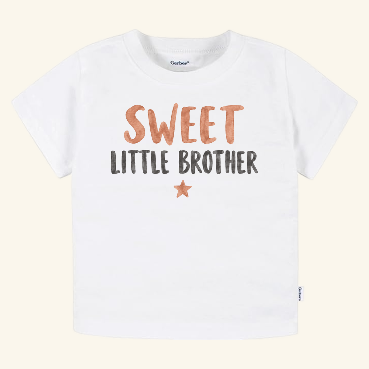 White Sweet Little Brother Toddler Shirt – Watercolor Star Sibling Tee with SWEET LITTLE BROTHER printed in watercolor-style text above a small star.