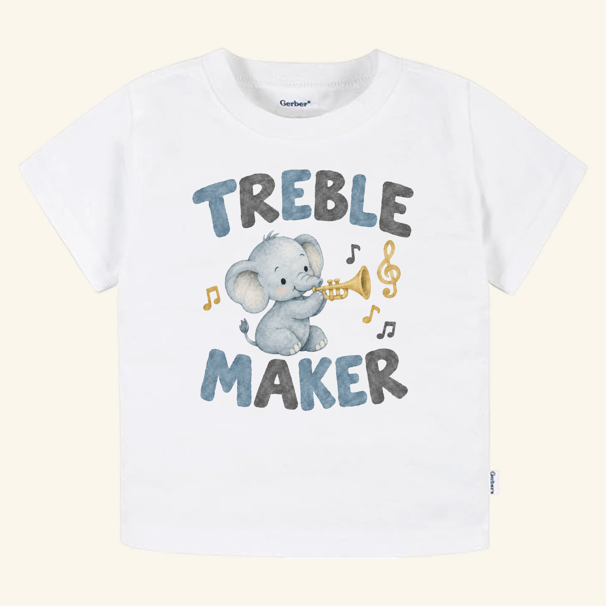 White Treble Maker Toddler Shirt – Funny Elephant Trumpet Music Tee featuring a watercolor illustration of an elephant playing a trumpet, surrounded by musical notes and the text TREBLE MAKER.