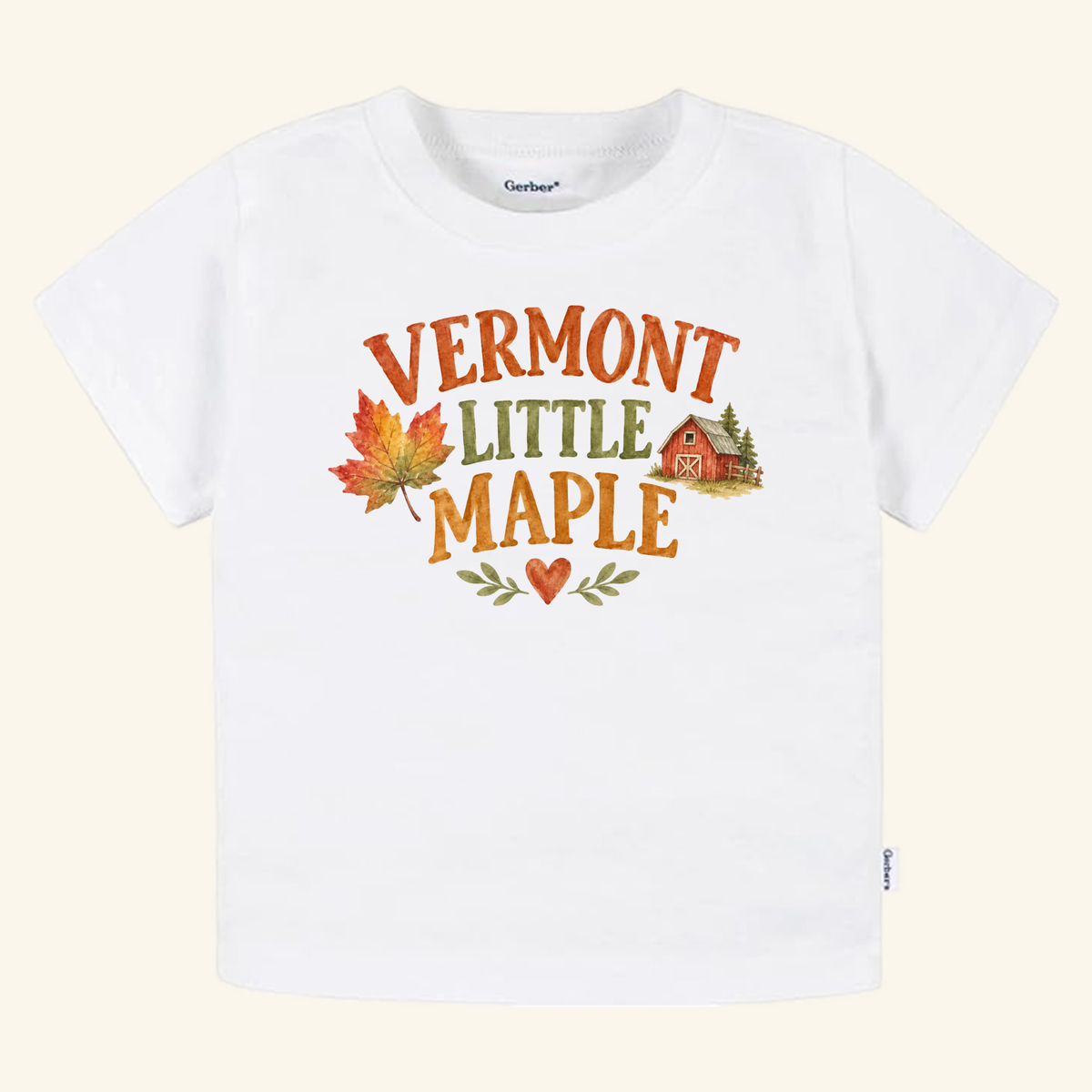 Vermont Toddler Shirt – Little Maple Fall Foliage Barn Tee: a white toddler t-shirt featuring a graphic of a red barn, a maple leaf, a heart, and the text VERMONT LITTLE MAPLE.