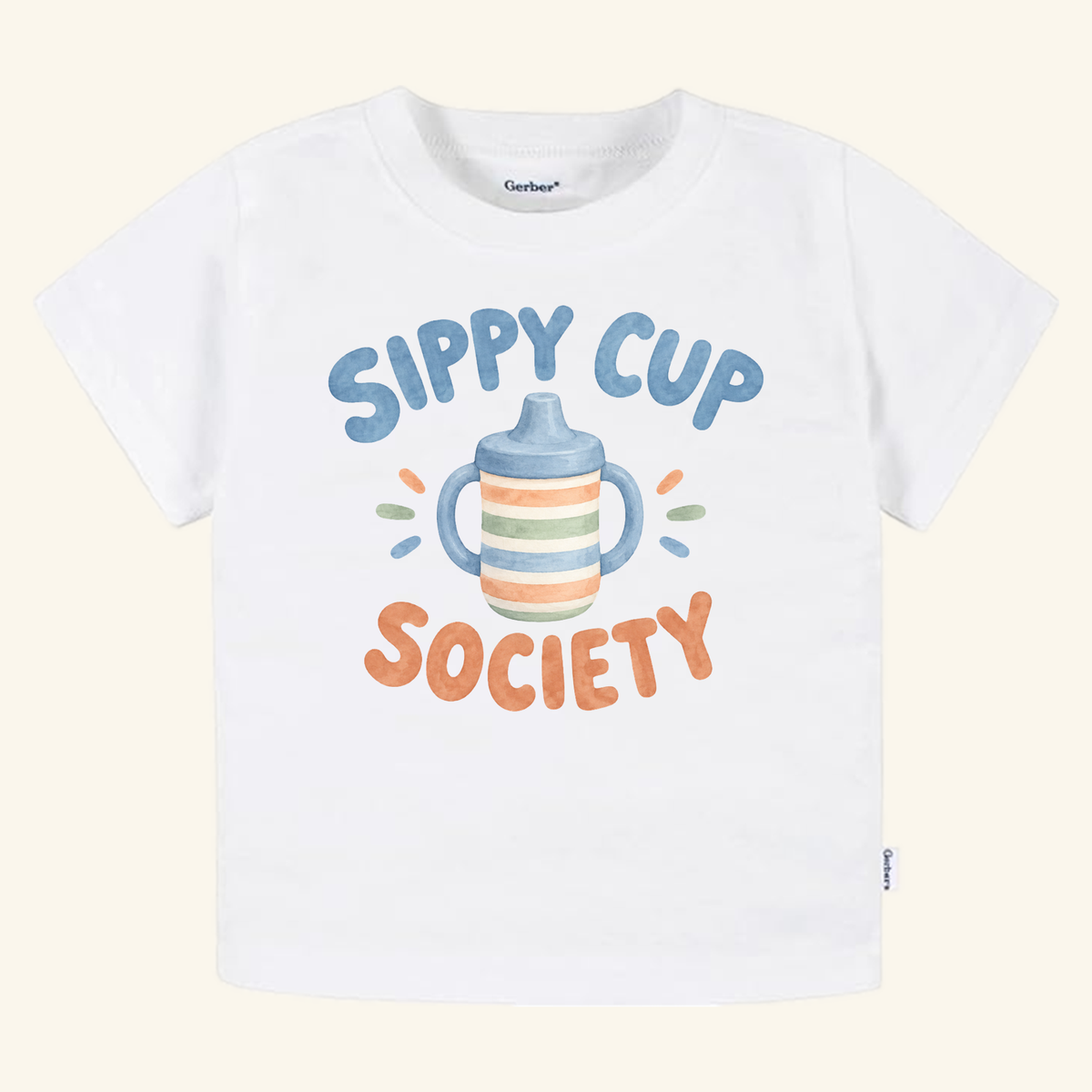 White Sippy Cup Society Toddler Shirt – Funny Toddler Humor Tee featuring a watercolor illustration of a sippy cup surrounded by the text Sippy Cup Society.