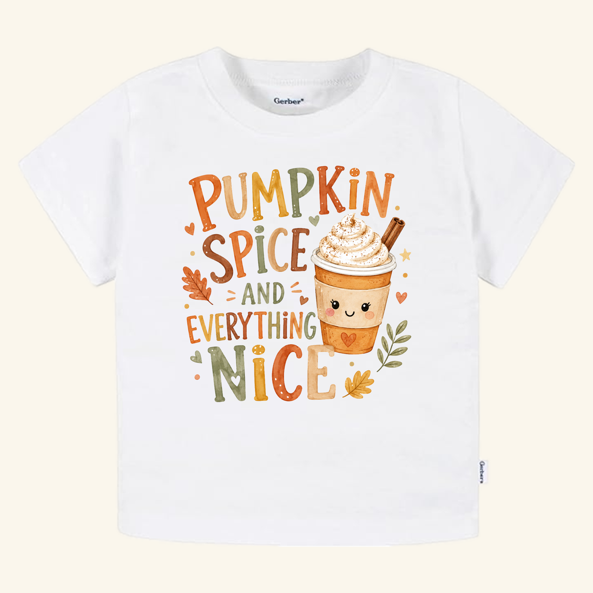 White toddler t-shirt featuring the Pumpkin Spice and Everything Nice Toddler Shirt – Fall Latte Tee design of a whipped cream-topped latte.