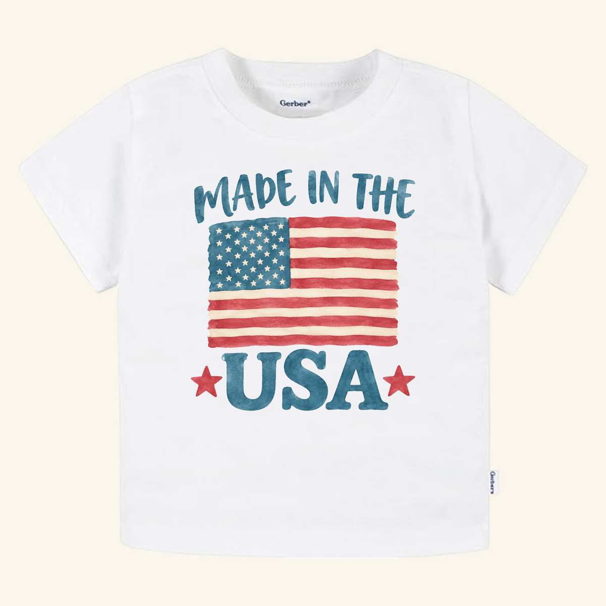 Made in the USA Toddler Shirt – Patriotic American Flag Tee featuring a white t-shirt with a watercolor-style American flag, two red stars, and the text MADE IN THE USA.
