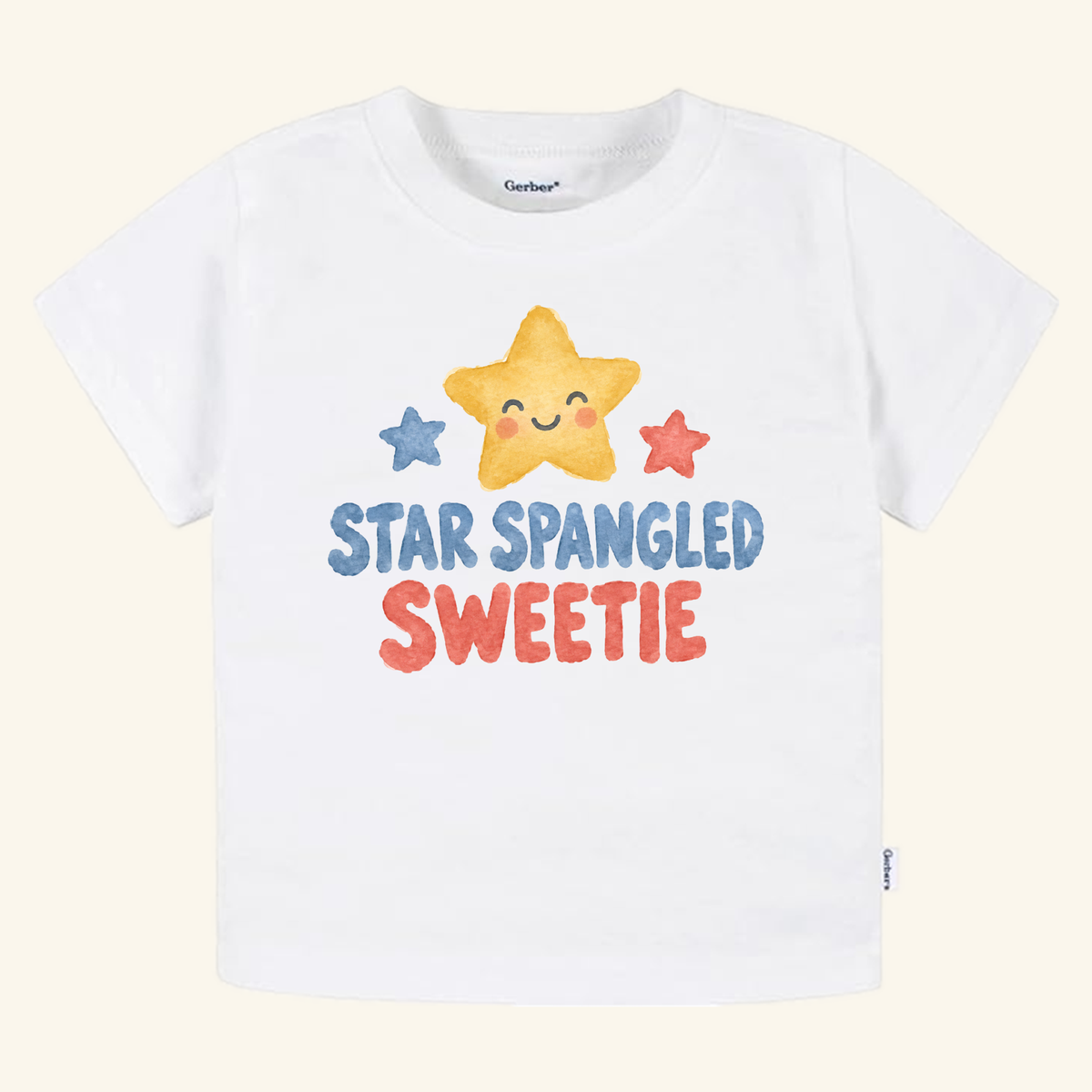 Star Spangled Sweetie Toddler Shirt – Patriotic Smiling Star Tee in white, featuring a yellow, blue, and red star with the text STAR SPANGLED SWEETIE in blue and red.