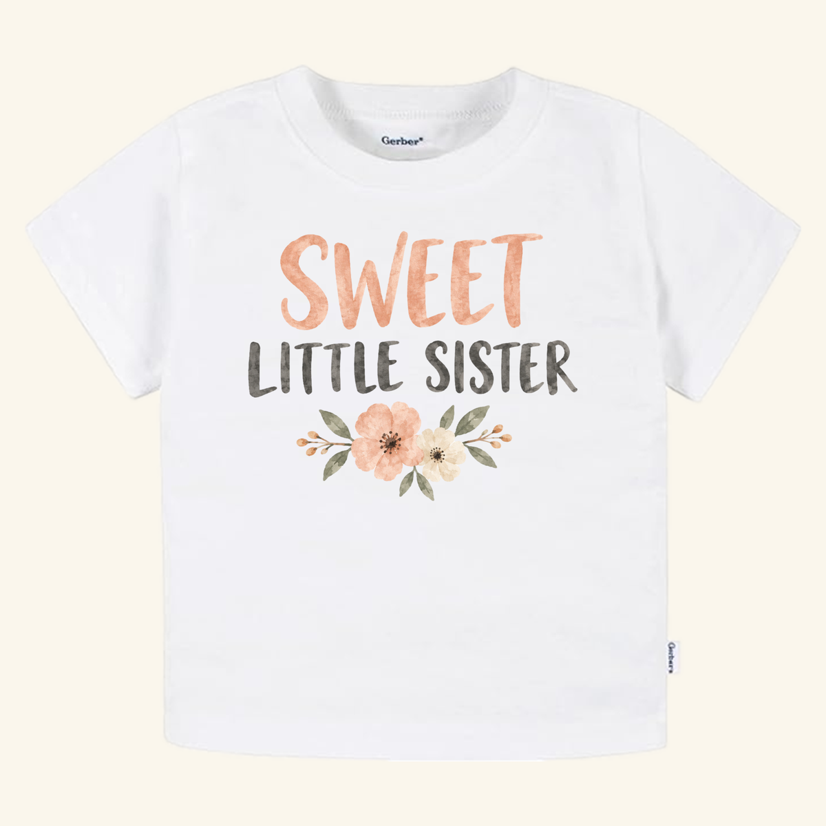 Sweet Little Sister Toddler Shirt – Floral Sibling Tee featuring white fabric, peach and grey text, and a floral illustration at the bottom.