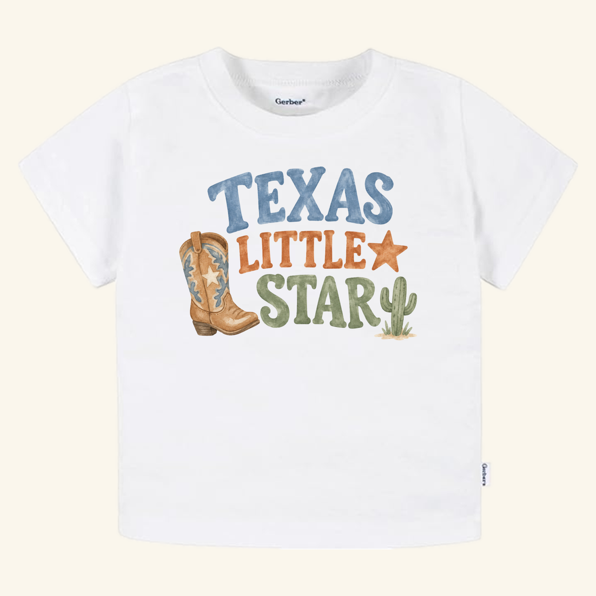 Texas Toddler Shirt – Little Star Cowboy Boot Western Tee featuring a white toddler tee with a watercolor graphic of a cowboy boot, a star, a cactus, and the text Texas Little Star.