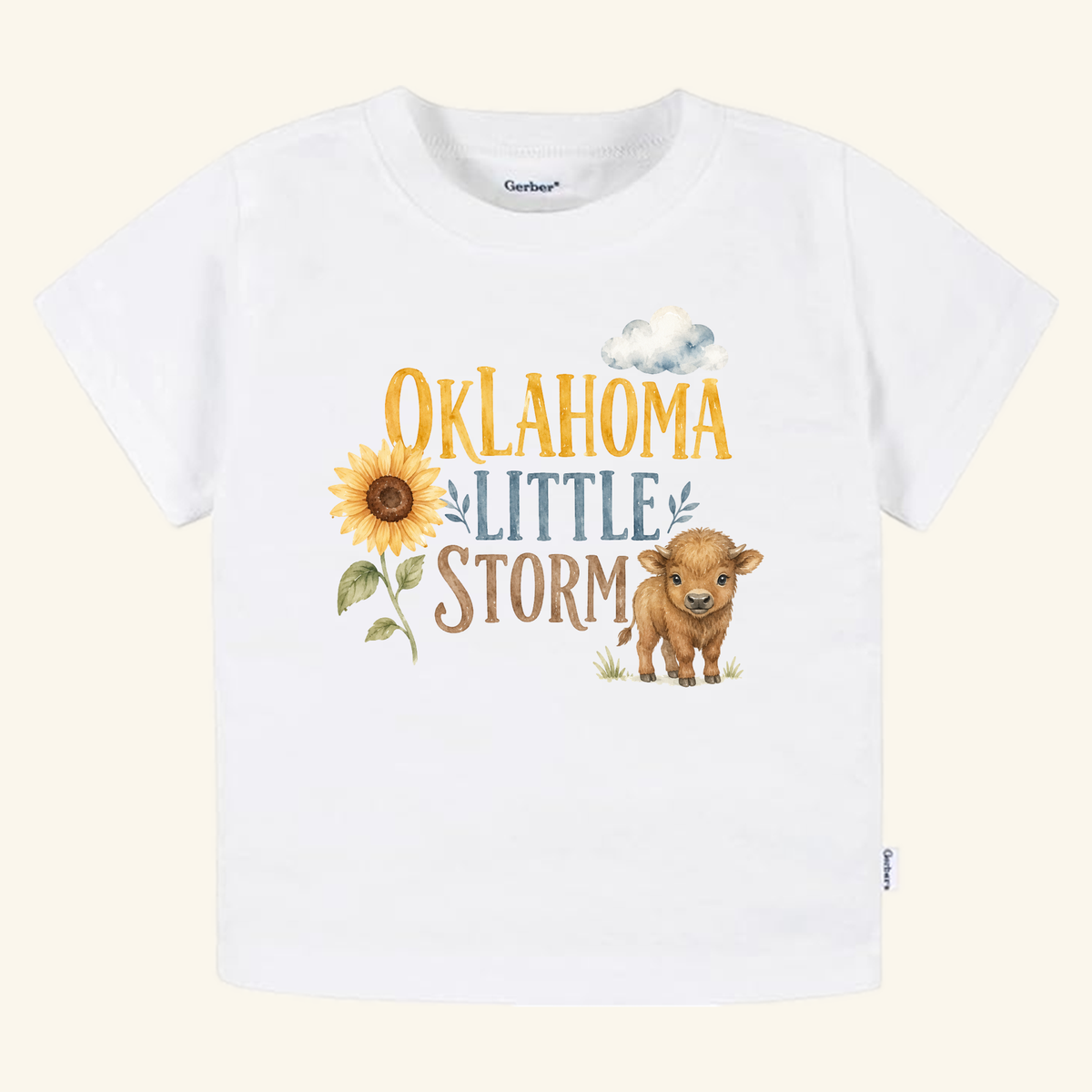 White Toodleroos Oklahoma Toddler Shirt – Little Storm Sunflower & Baby Bison Tee featuring a watercolor graphic of a sunflower and a small bison with the text Oklahoma Little Storm.