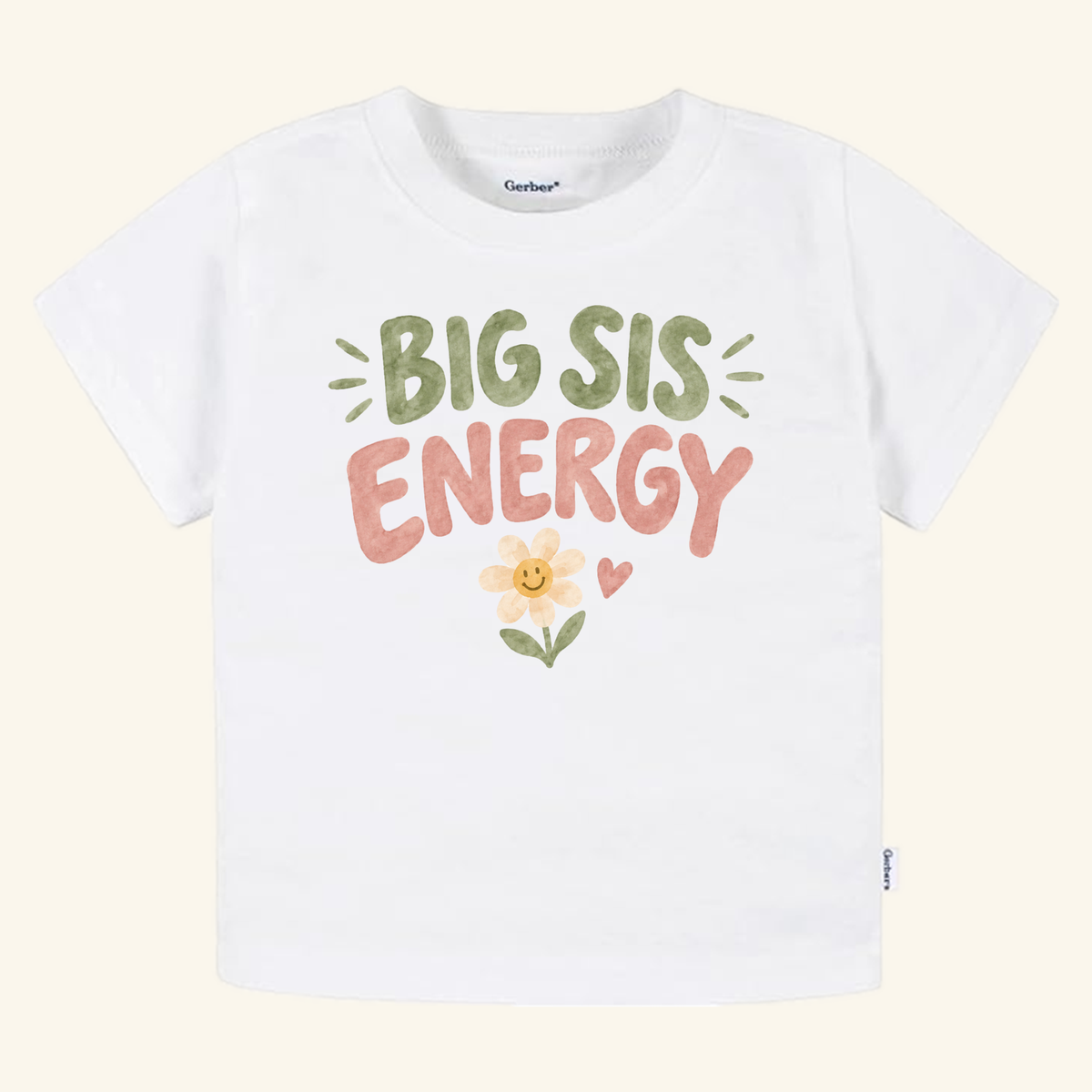 Toodleroos Big Sis Energy Toddler Shirt – Smiley Daisy Sibling Tee featuring green and pink text, a small smiling daisy, and a heart.