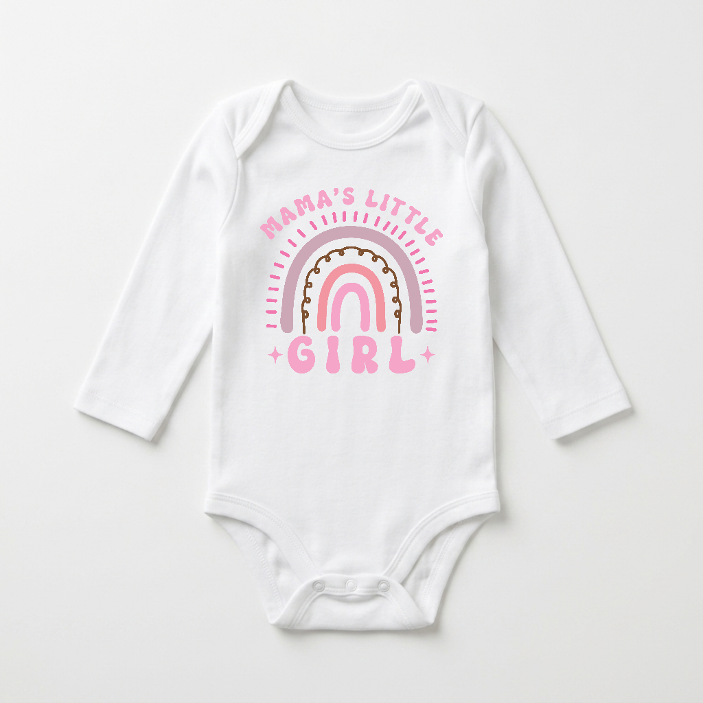 Long-Sleeve Baby Girl Onesie – Mama’s Little Girl Boho Rainbow Bodysuit