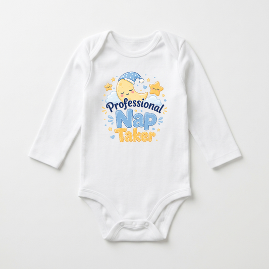 Long-Sleeve Funny Baby Onesie – Professional Nap Taker Bodysuit